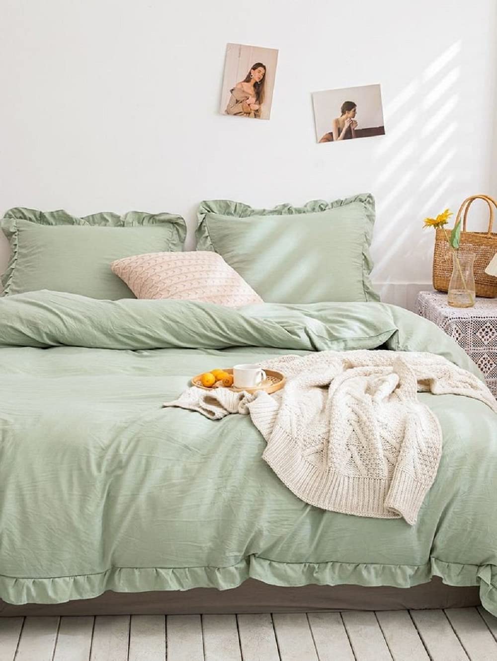 Sage Green Ruffled Cotton Duvet Cover Set - Queen Size Bedding with Ruffle Trim, Soft Comforter Cover for Cozy Bedroom Decor | Perfect for Master Bedrooms, Guest Rooms & Boho Chic Home Styling