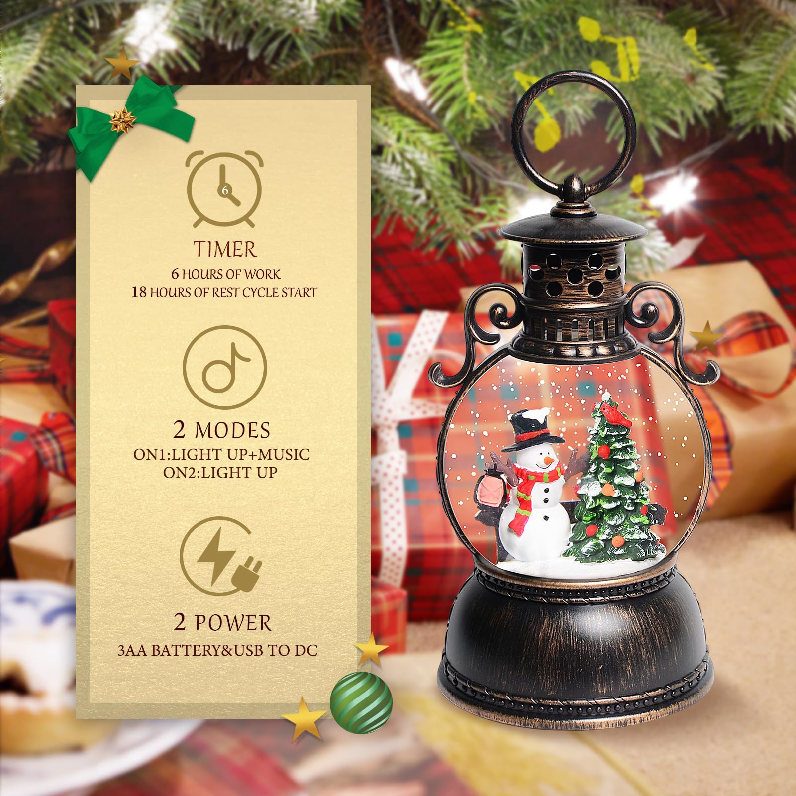 Christmas Snow Globes with Snowman Lantern - 8 Holiday Songs, 6H Timer, Battery/USB Powered Glitter Music Box for Festive Table Decor | Perfect for Holiday Parties, Home Decor & Gift Giving