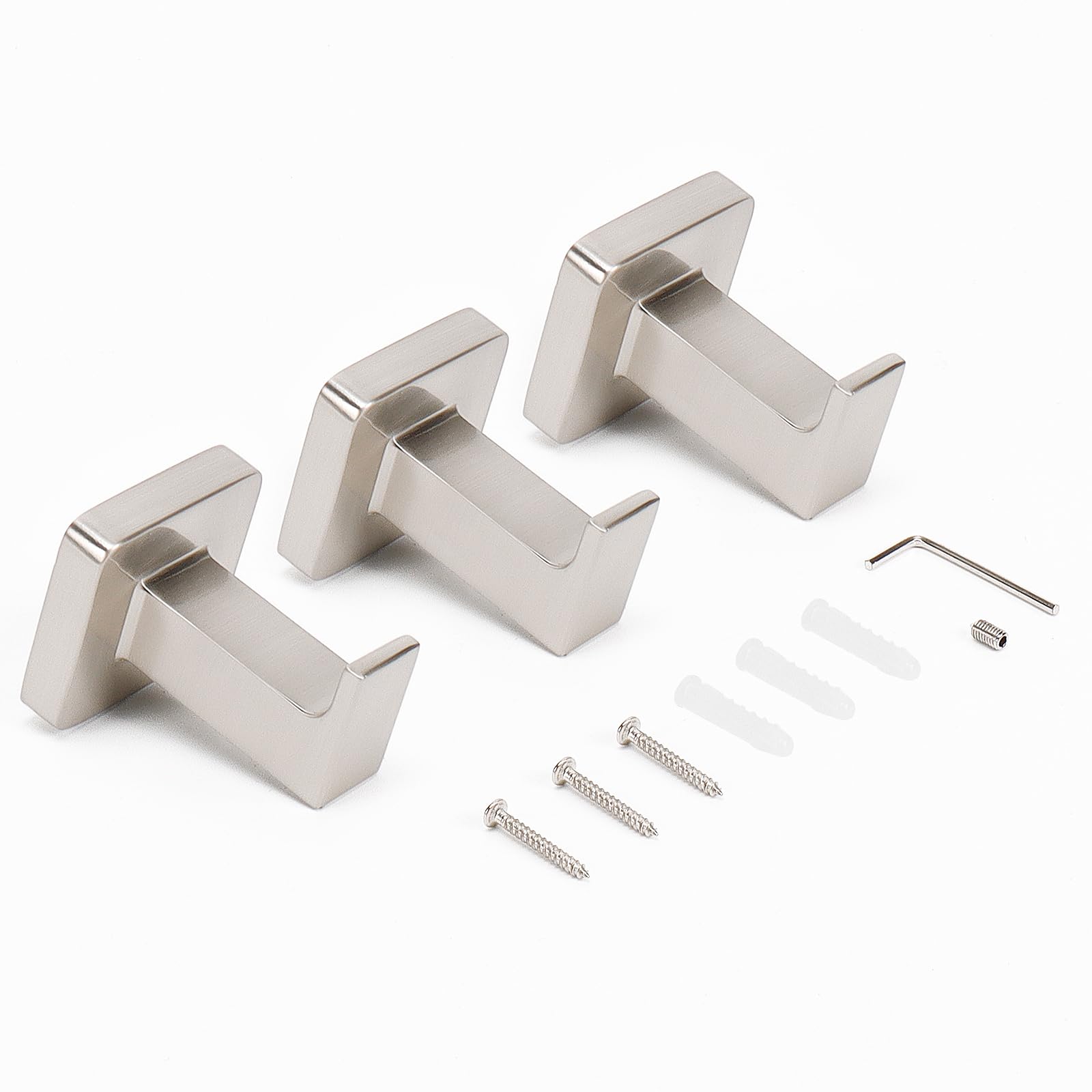 NearMoon 3-Pack Brushed Nickel SUS304 Stainless Steel Square Bath Towel Hooks - Heavy Duty Wall Mounted Coat Hangers for Bathroom, Living Room, Hotel, Kitchen & Garage - Perfect for Organizing Robes, Towels & Clothes