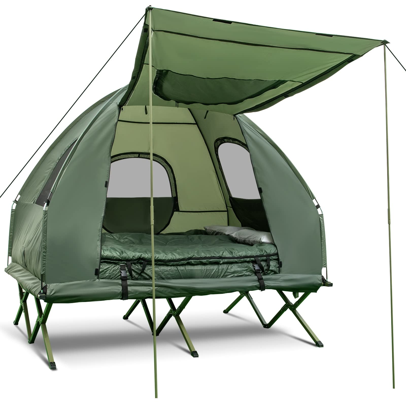 Moccha Folding Camping Tent Cot with Sleeping Bag & Air Mattress - Elevated Portable Outdoor Sleeping System for Camping, Hiking, Backpacking & Picnic - Includes Carry Bag for Easy Transport