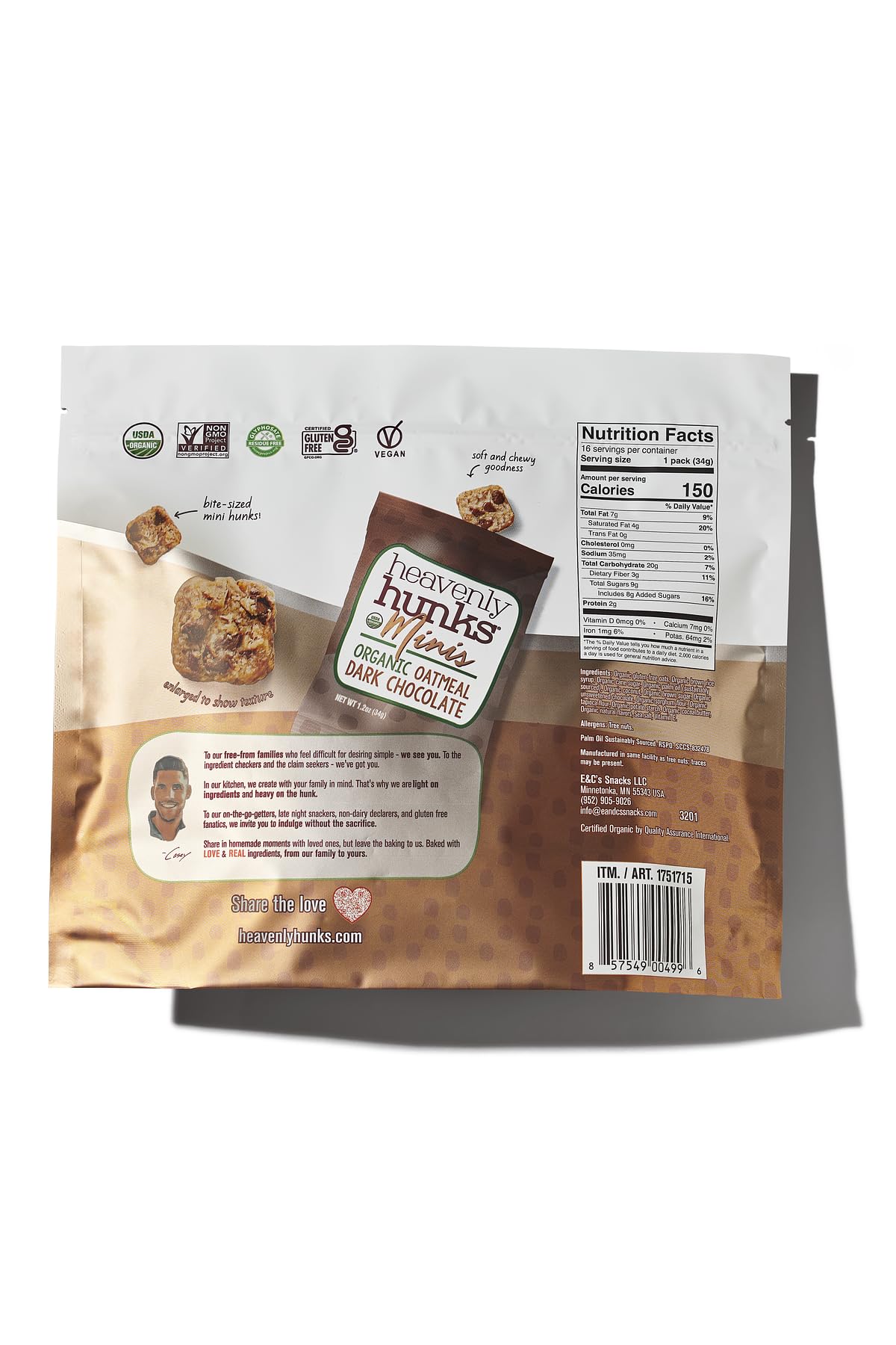Organic Oatmeal Dark Chocolate Hunks - 16 Pack for Snacking