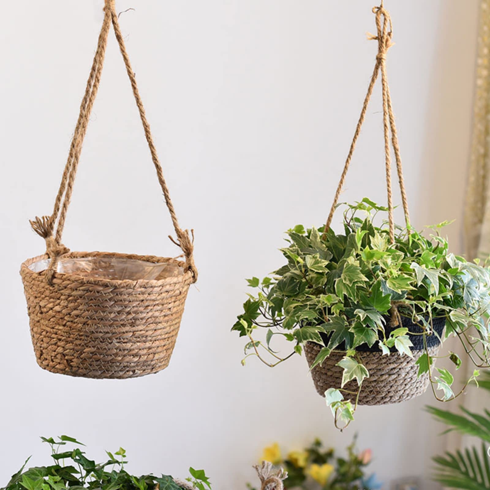 Marcol Macrame Seagrass Hanging Planter Basket - Natural Woven Flower Pot Holder for Indoor Plants, Home & Garden Decor - Perfect for Balcony, Living Room, and Boho Style Interior Design