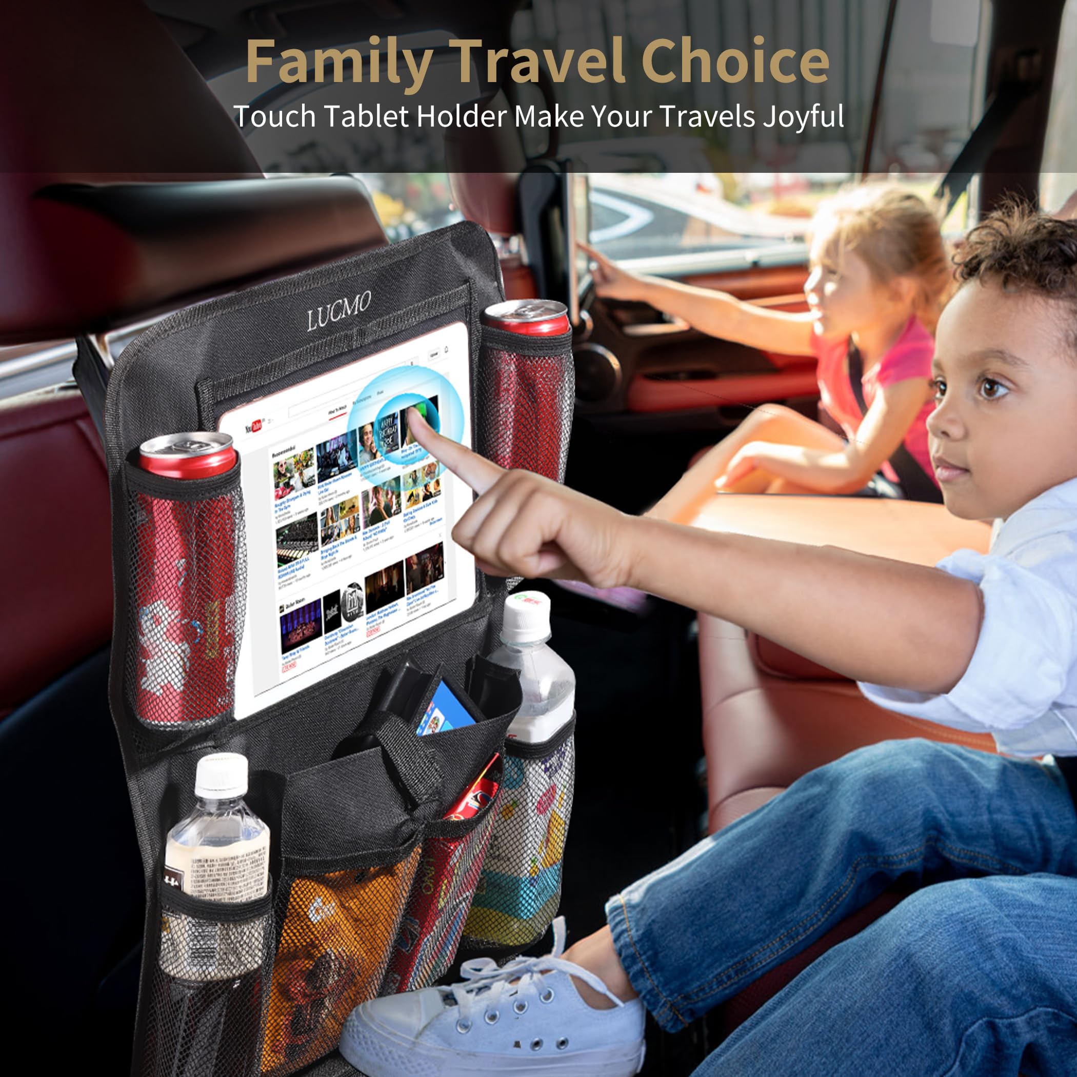 LUCMO 2-Pack Car Backseat Organizer with Tablet Holder - 9 Storage Pockets, Kick-Proof Protector & Travel Accessories for Kids (Black) - Perfect for Road Trips, Family Vacations & Daily Commutes