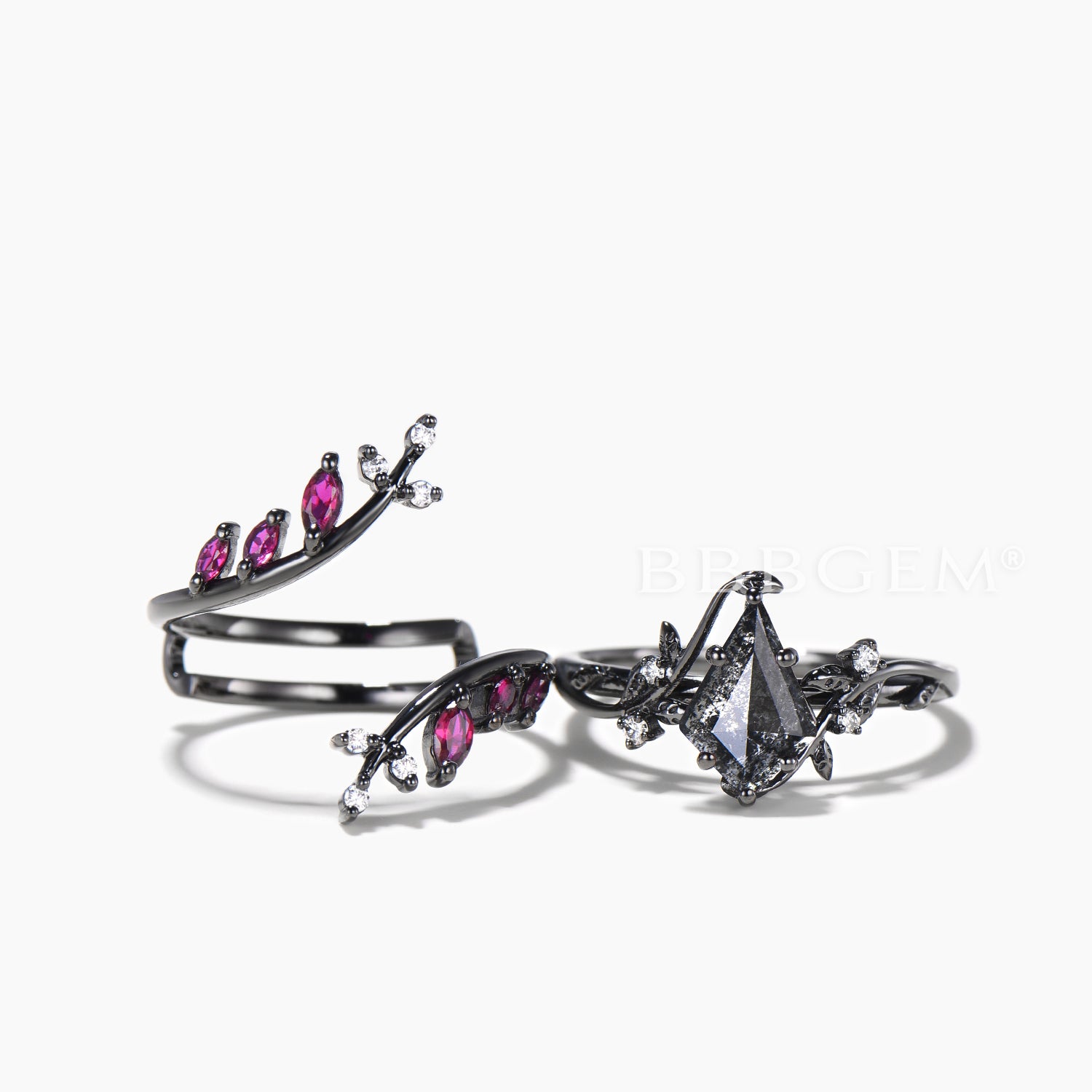 Nature Inspired Kite Cut Salt and Pepper Diamond Bridal Ring Set with Ruby Twig Band – Perfect for Boho Wedding, Engagement, and Vintage Style Jewelry Lovers