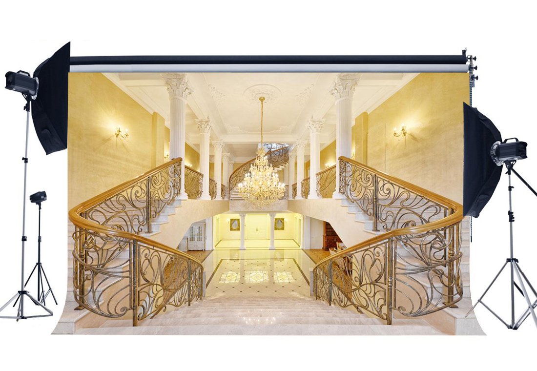 Luxury 7x5FT Royal Castle Backdrop Vinyl Photography Background for Wedding, Studio, Events - Elegant Staircase & Chandelier Design - Perfect for Palace-Themed Decor, Photo Shoots & Party Backdrops