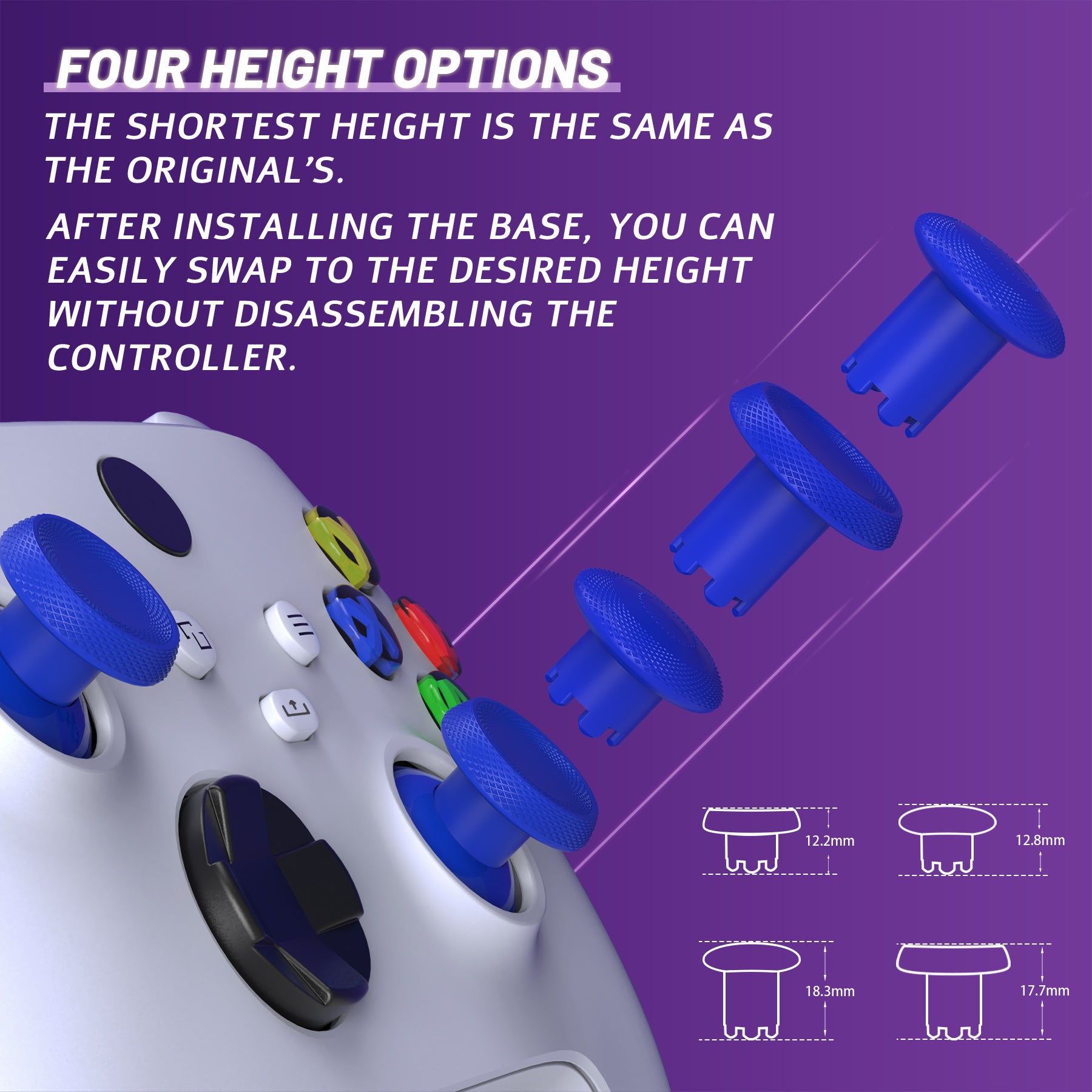 eXtremeRate ThumbsGear V3 Interchangeable Thumbsticks for Xbox Core Controller - 4 Height Adjustable Convex & Concave Grip Joysticks Compatible with Xbox One S/X/Elite & Nintendo Switch Pro Controller (Blue, VRVX3M006) - Perfect for Gaming, VR & Competitive Play