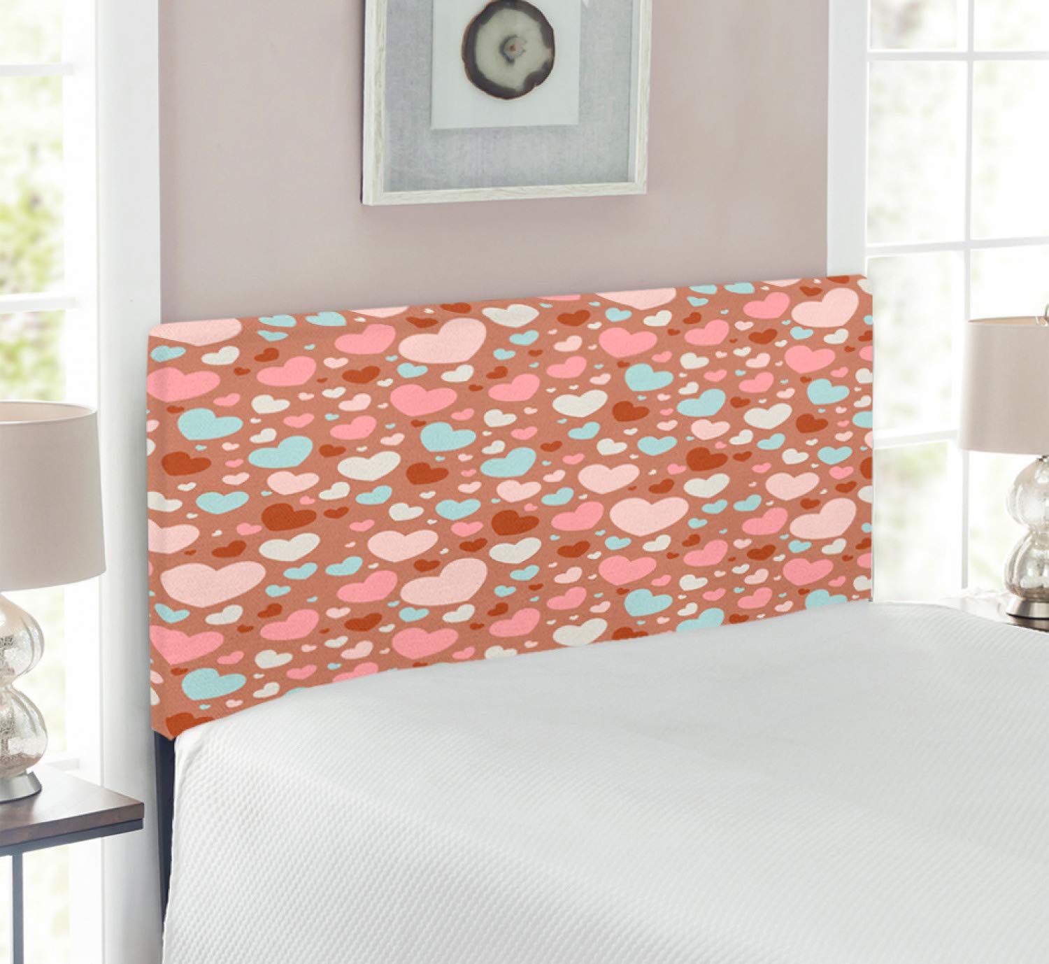 Ambesonne Love Headboard - Valentine's Day Heart Design Upholstered Metal Bed Frame with Memory Foam, Twin Size in Pale Brown Pink Blue - Perfect for Romantic Bedroom Decor, Wedding Gift & Anniversary Present