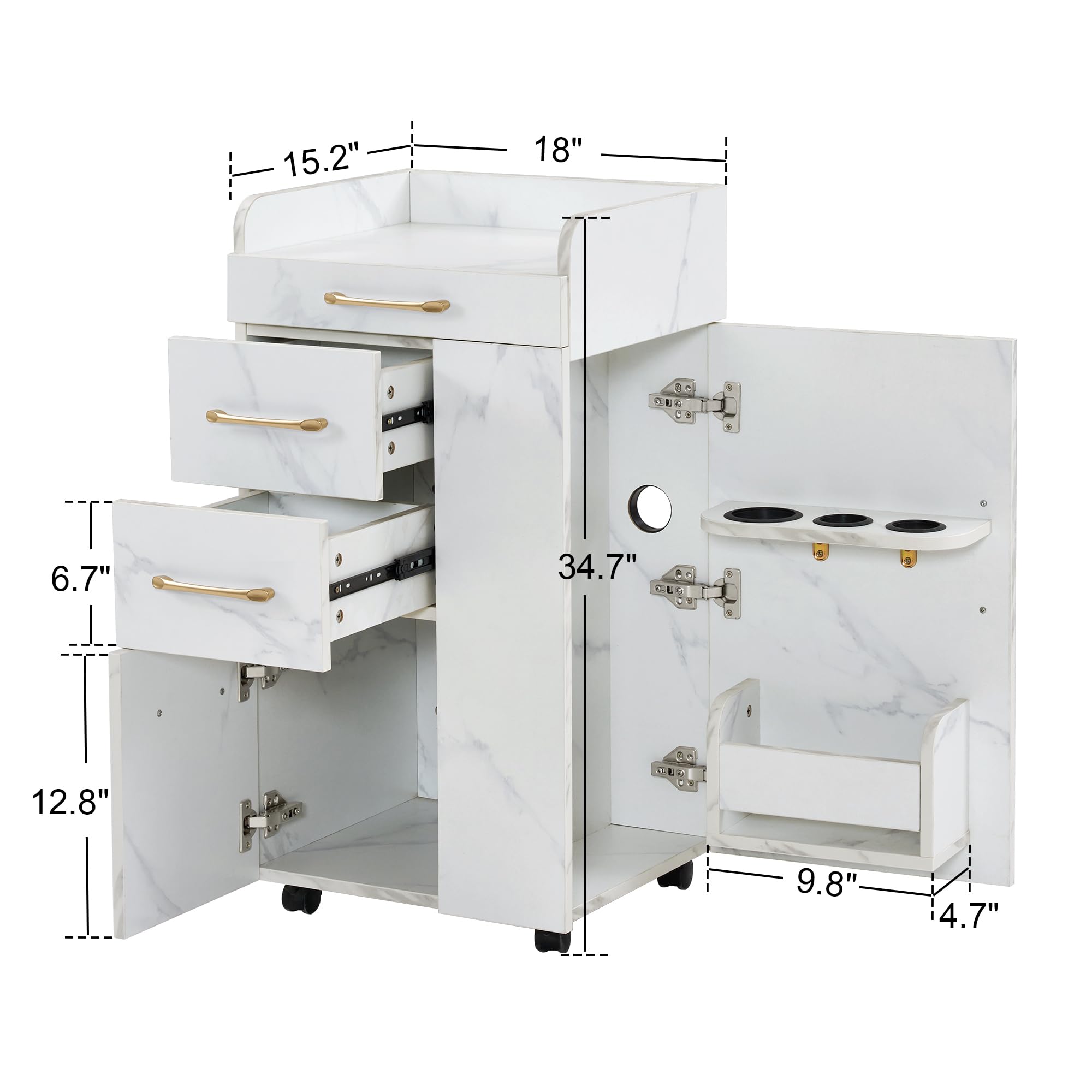 BarberPub Salon Trolley Cart - Professional Hair Styling Rolling Cart with 2 Lockable Wheels, 3 Drawers, 2 Cabinets & 3 Tool Holders - Beauty Salon Organizer & Storage Utility Cart DC2053 (White) - Perfect for Barbershops, Home Salons & Mobile Stylists
