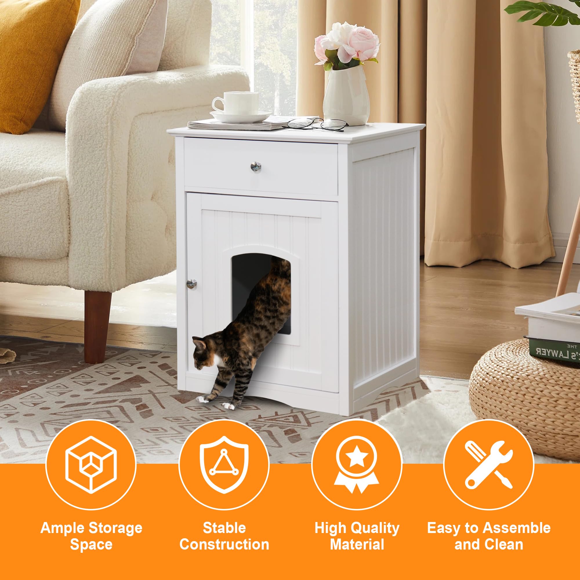 Multi-Functional Cat Litter Box Cabinet - Stylish White Cat Litter Enclosure with Side Table & Pet Crate Design | Indoor Cat House Furniture for Living Room, Bedroom & Washroom | Discreet Litter Box Hider for Odor Control & Home Decor