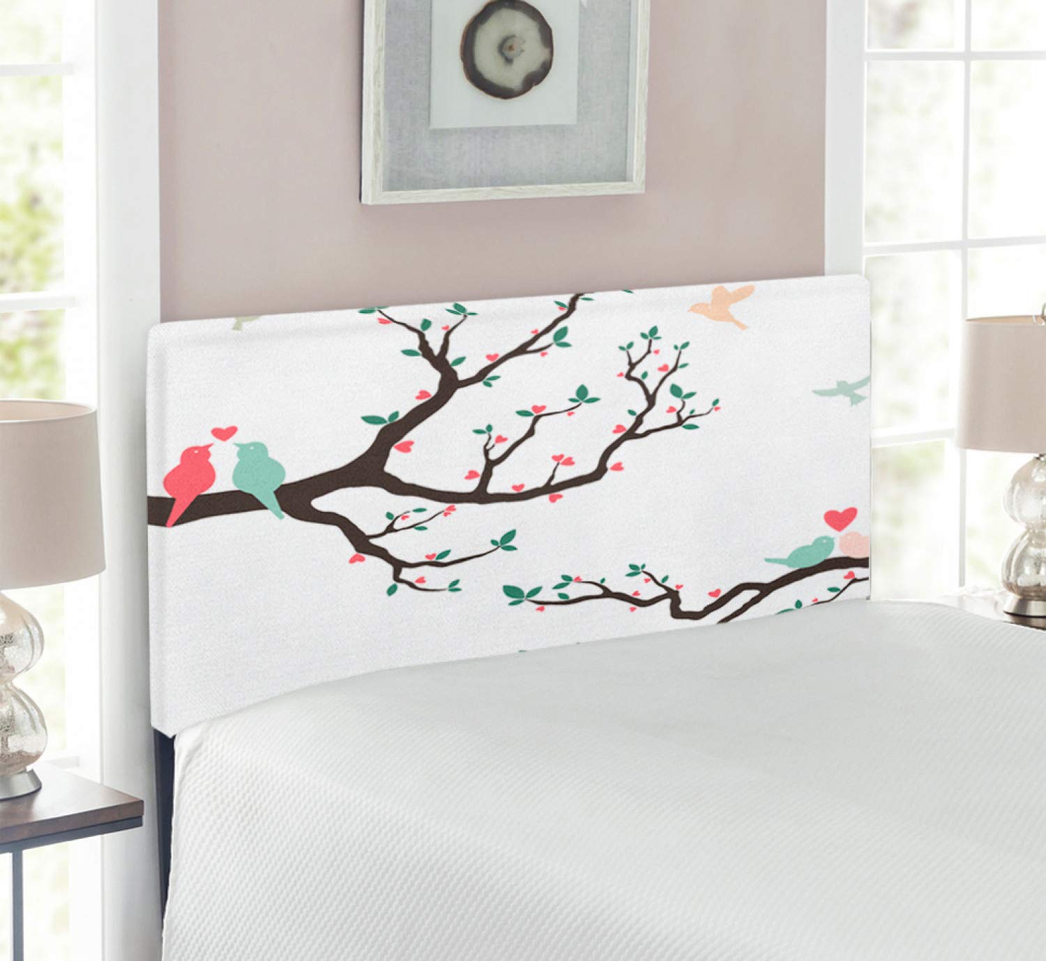 Ambesonne Love Headboard - Retro Birds on Tree Branch Design, Upholstered Metal Bed Frame with Memory Foam, Twin Size in Green Pink Brown | Perfect for Romantic Bedroom Decor & Vintage Style Home Interiors