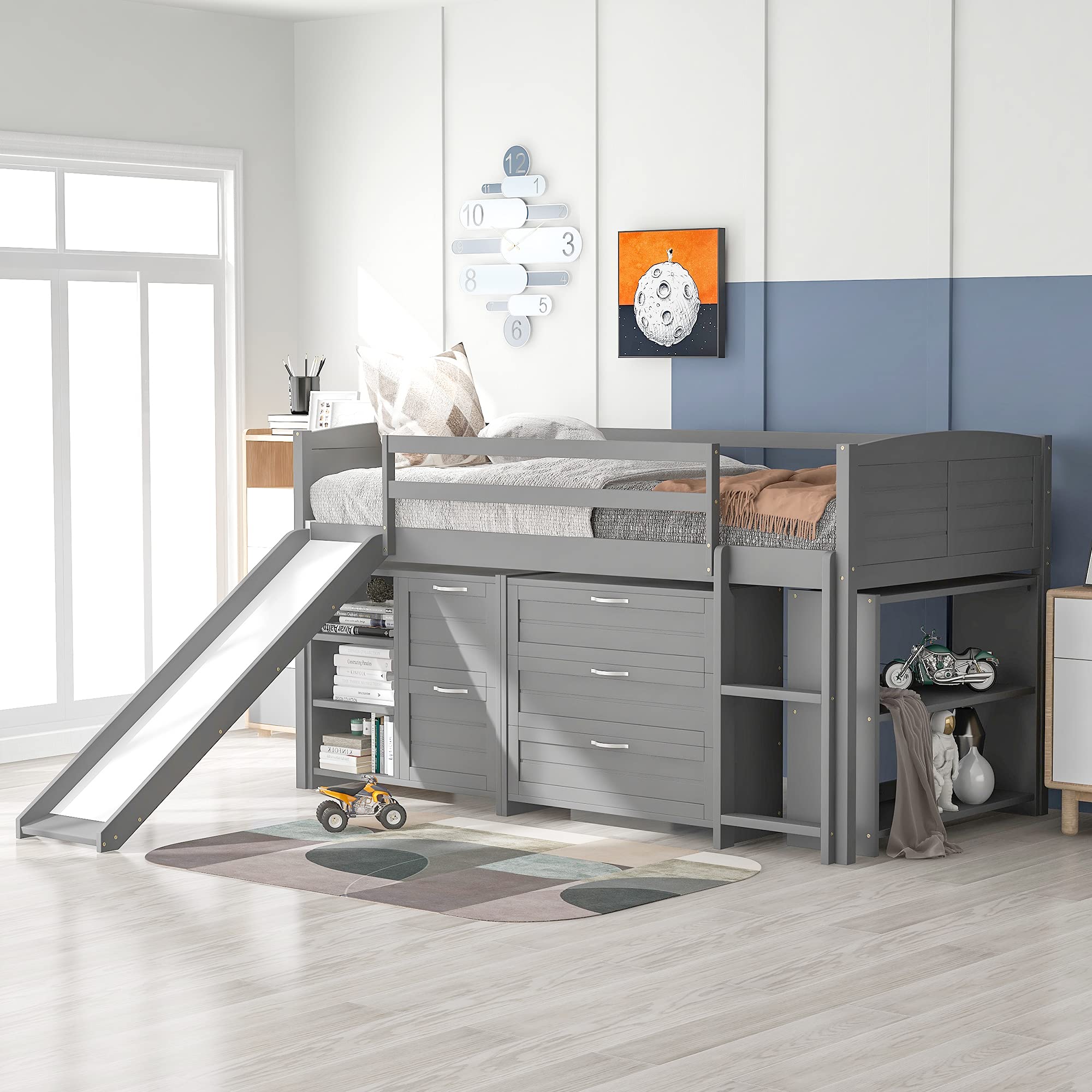**Low Loft Bed with Slide for Kids - Twin Size Solid Wood Bed Frame with Drawers, Cabinet & Shelf - Gray (3) - Perfect for Small Bedrooms & Playrooms**