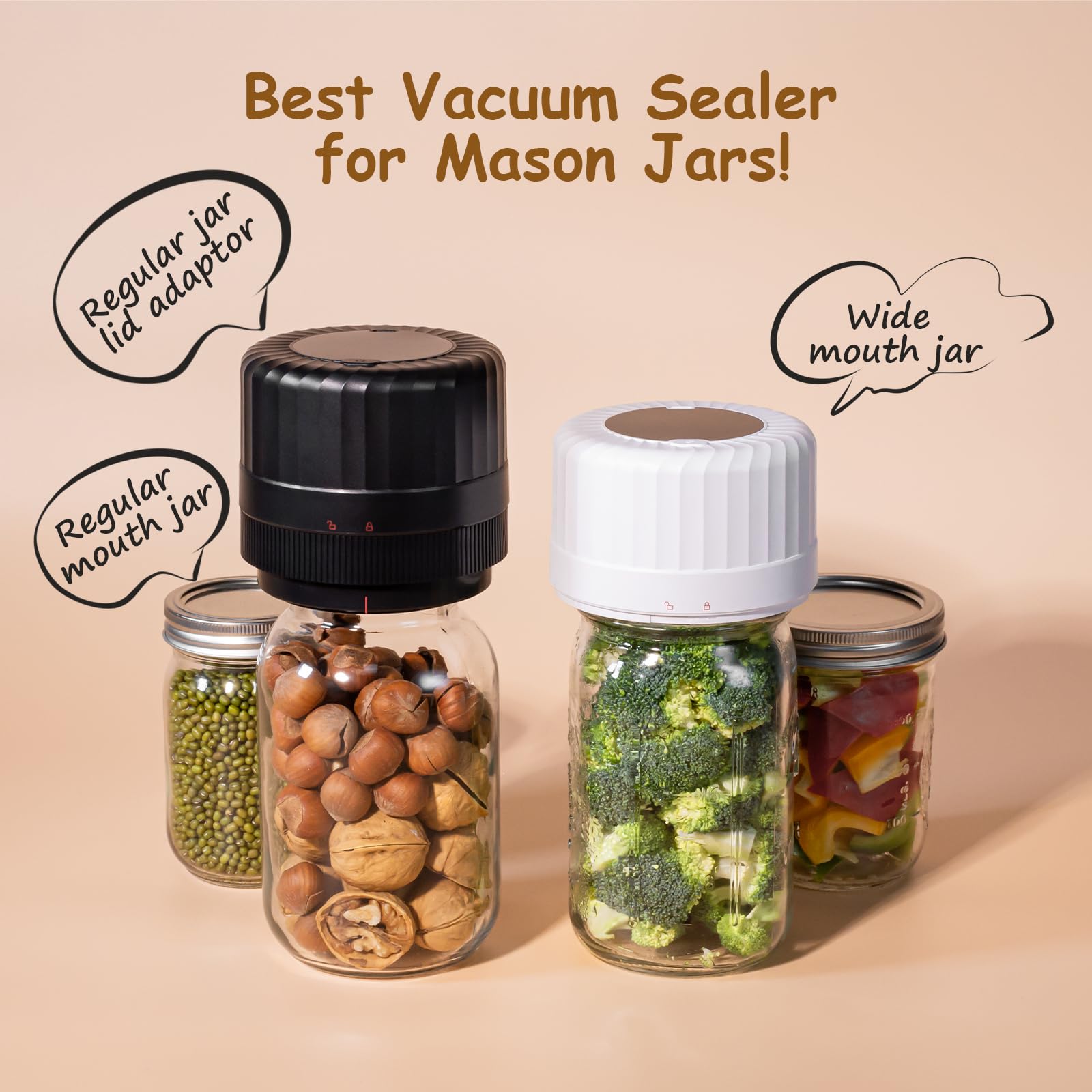 Automatic Mason Jar Vacuum Sealer Kit with Auto Stop - Food Preservation System for Canning, Pickling & Pantry Storage | Airtight Seal for Freshness | Perfect for Home Canning, Meal Prep & Long-Term Food Storage (Includes Black Lids)