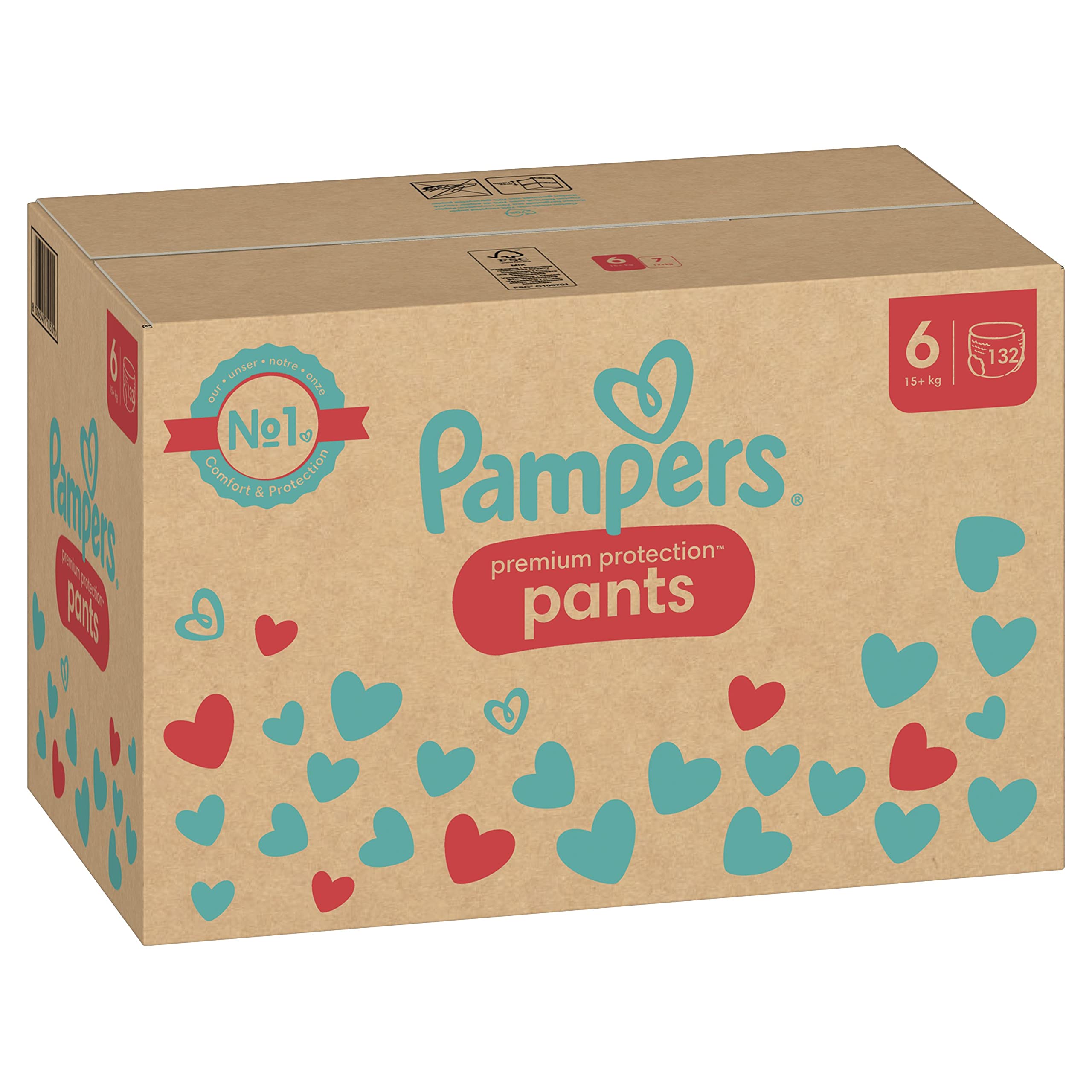 Pampers Baby Diapers Pants Size 6 (15 kg+) - Premium Protection, Extra Large with Leakproof Pocket - 132 Count Monthly Supply Box - Perfect for Active Toddlers & Overnight Use
