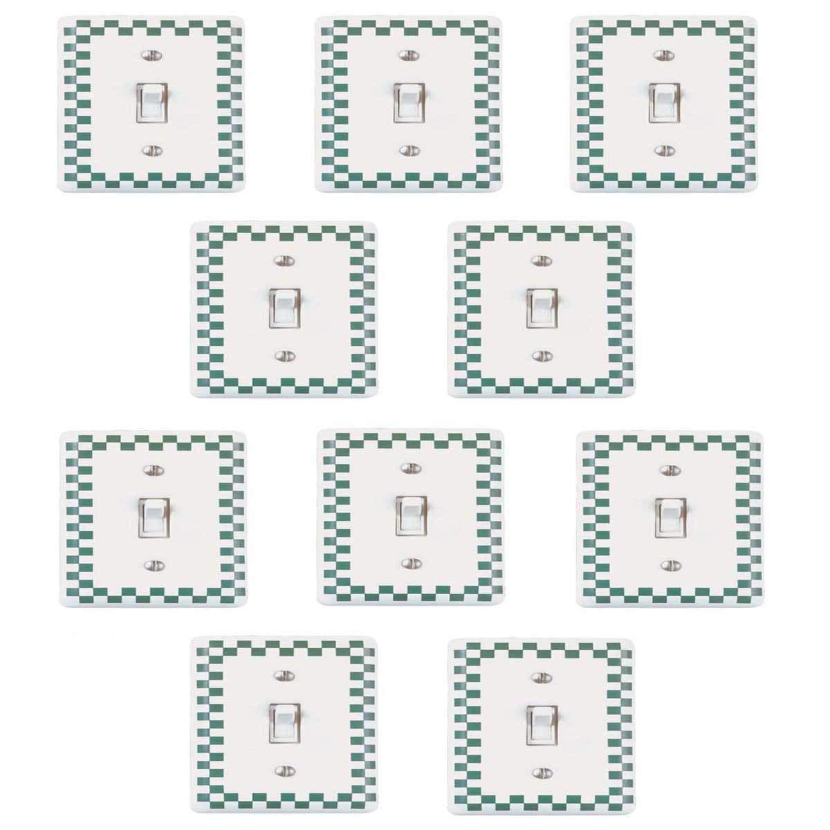 10 Pack White and Green Checkered Porcelain Light Switch Covers - Single Toggle Style for Kitchen, Bathroom & Vintage Home Decor