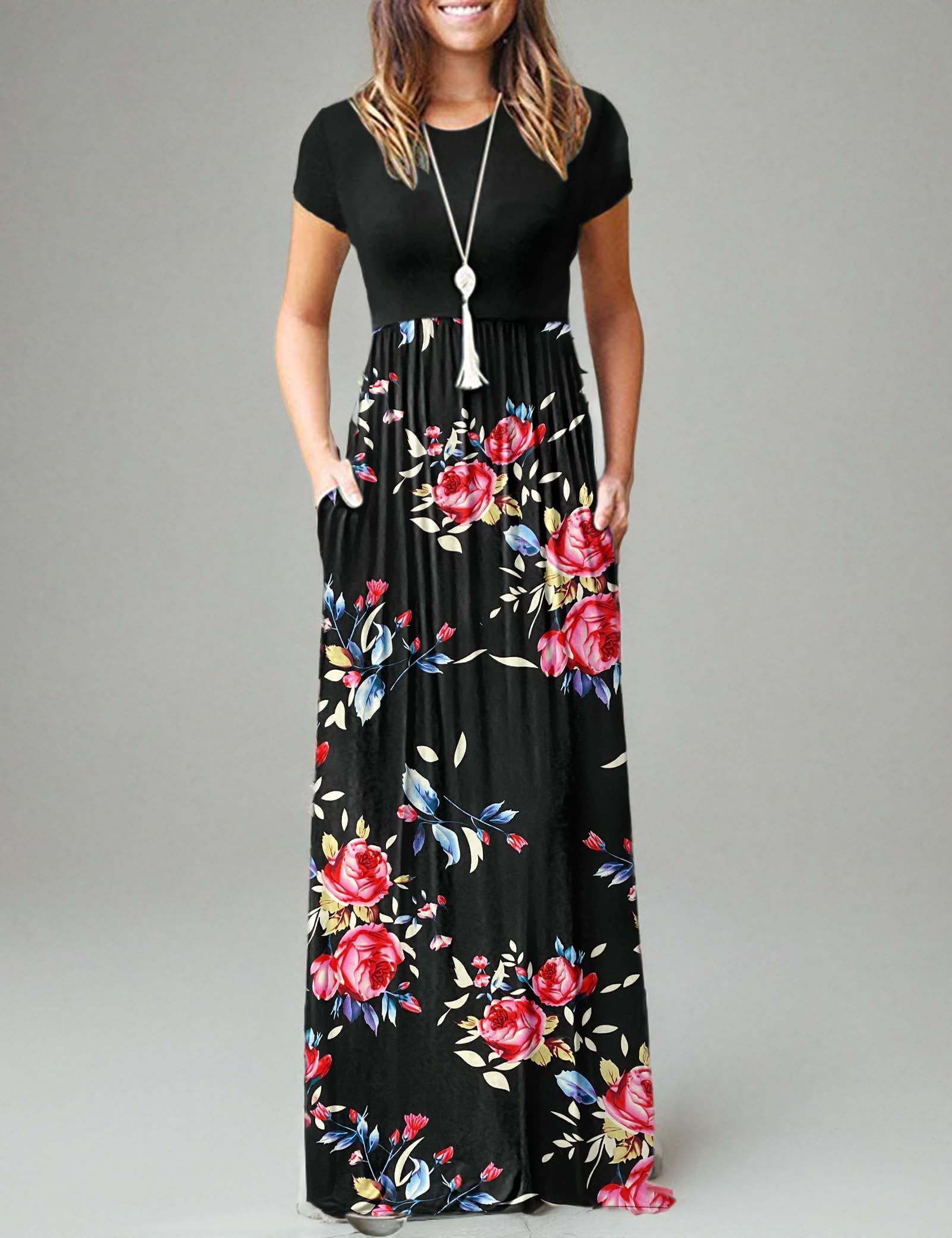 MISFAY Women's Casual Short Sleeve Loose Plain Maxi Dress with Pockets - Summer Beach, Vacation, Party & Everyday Wear Flowy Long Dress
