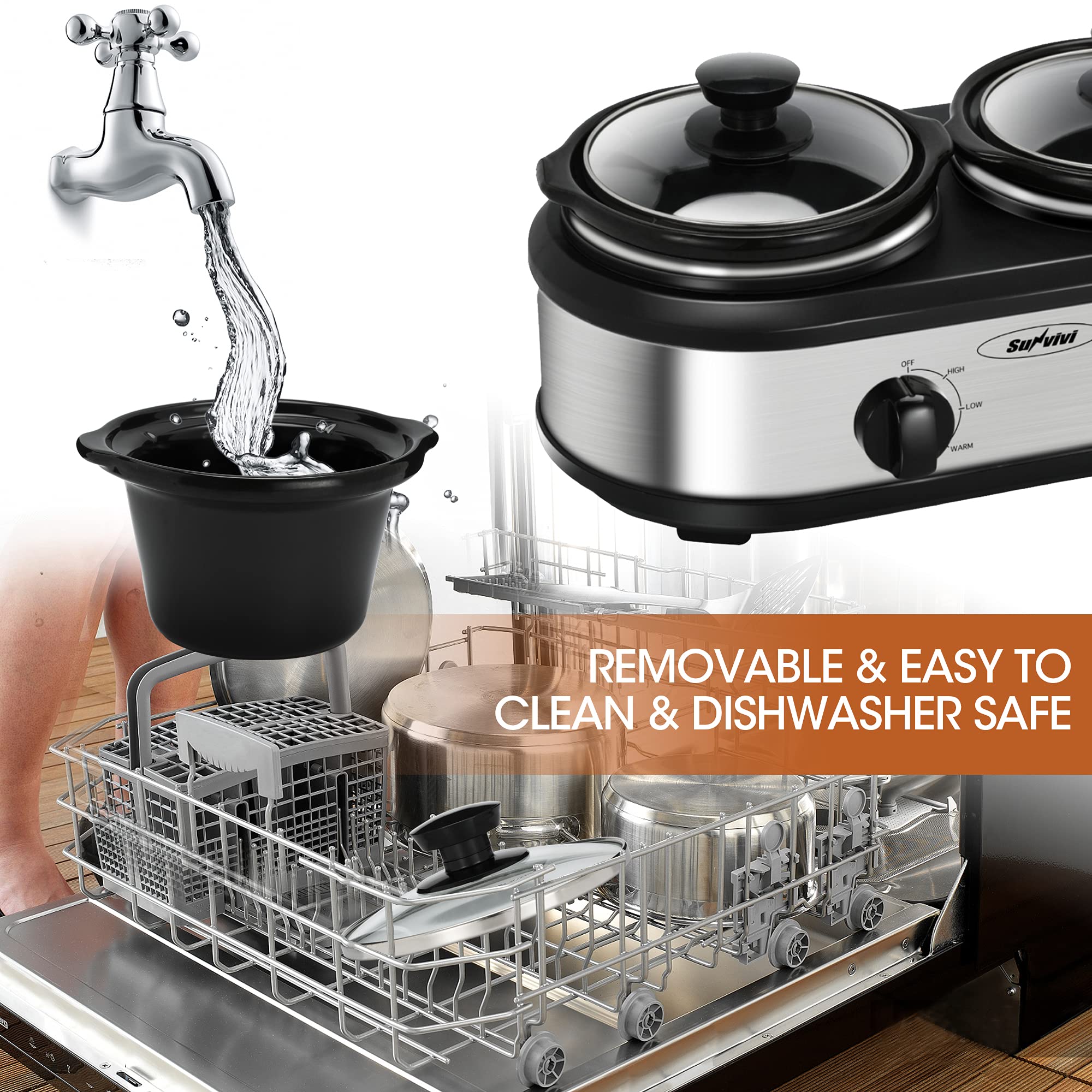 Dual & Triple Slow Cooker Buffet Server - 3-Pot Food Warmer with Adjustable Temperature & Stainless Steel Lid Rests - Perfect for Parties, Catering & Family Gatherings