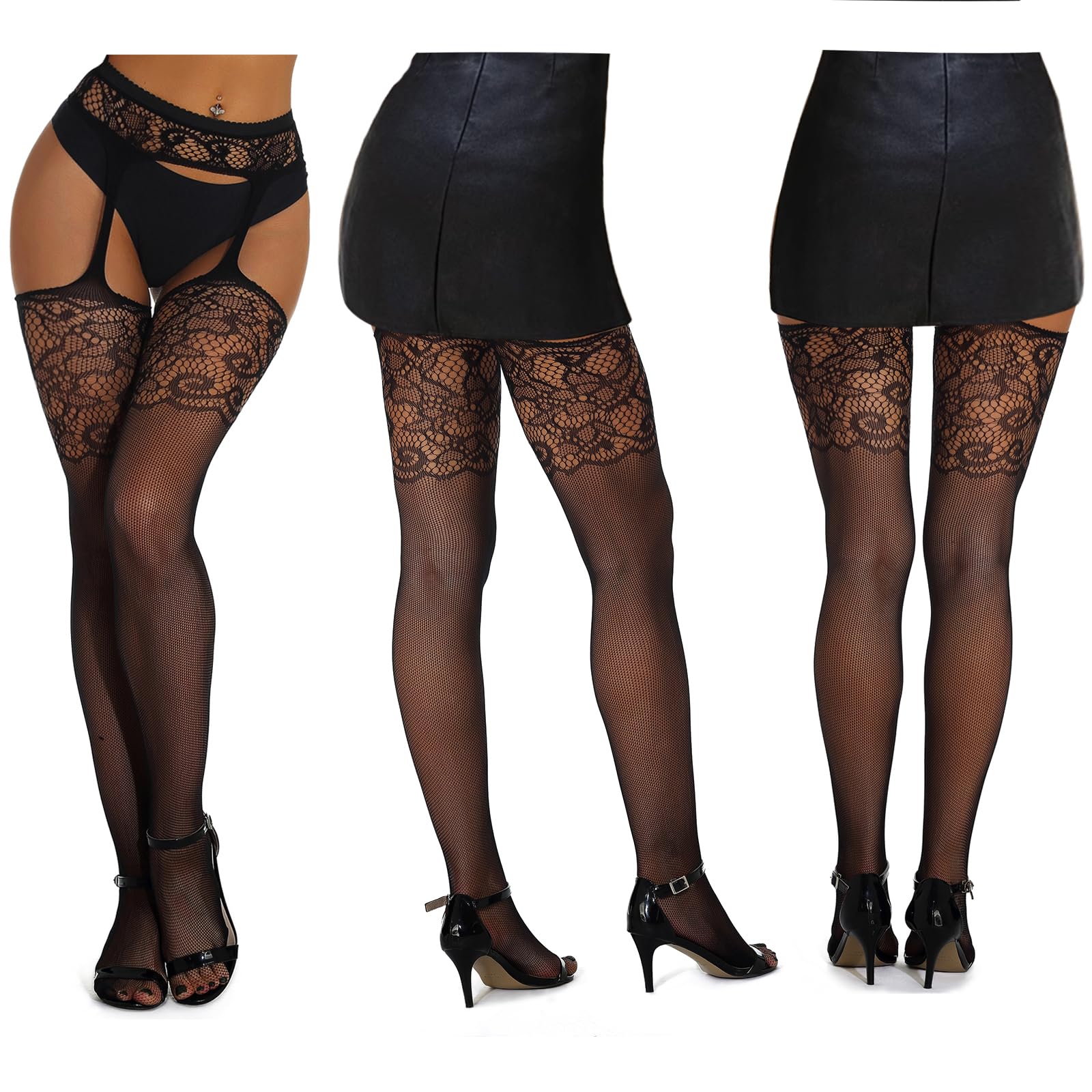 SOUTHRO 5 Pairs Fishnet Thigh High Stockings with Garter Belt Set - Sexy Lingerie Tights for Women & Girls - Perfect for Halloween, Cosplay, Boudoir & Date Night Outfits