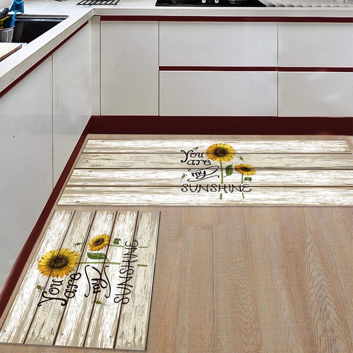 Anti-Fatigue Non-Slip Kitchen Floor Mats Set - 2-Pack Waterproof Cushioned Standing Mats with Sunflower Design | Perfect for Cooking, Dishwashing & Food Prep Areas