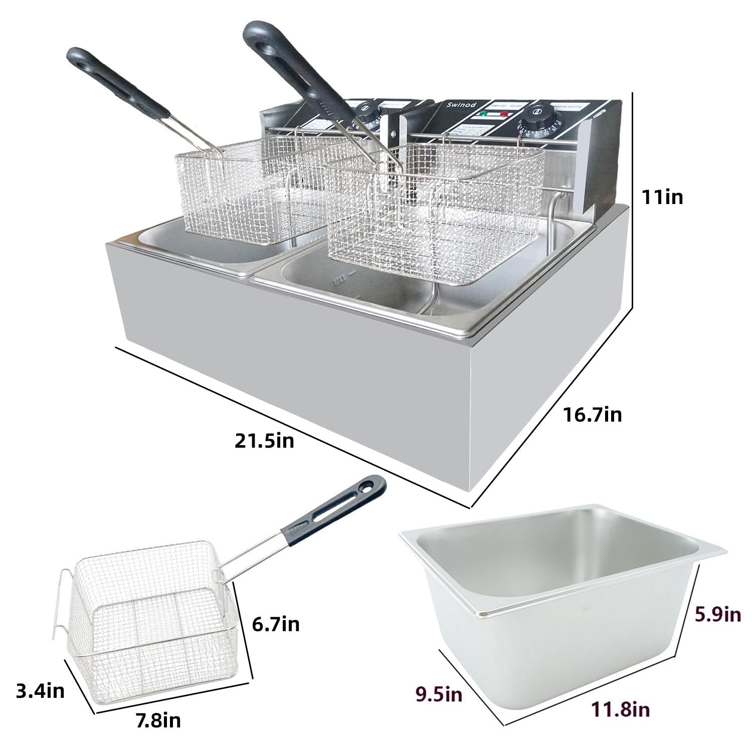 Commercial Deep Fryer with Baskets - 3400W 12.7QT/12L Stainless Steel Electric Oil Fryer with Temperature Control - Perfect for Restaurants, Food Trucks & Home Kitchen Use