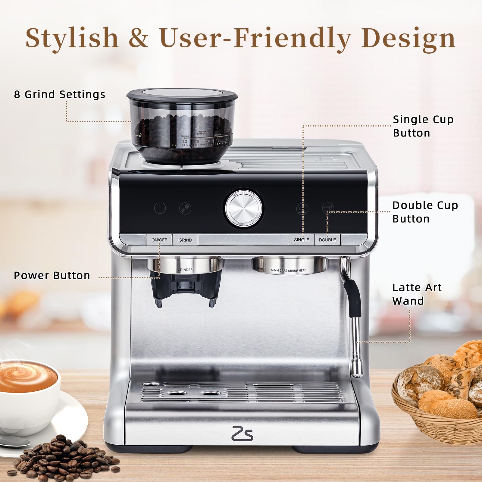 GAOMON 20 Bar Professional Espresso Machine with Built-in Grinder & Milk Frother, 2.8L Large Water Tank - Perfect for Home Baristas to Make Latte, Cappuccino & Espresso (1450W) | Ideal for Coffee Shops, Offices & Gift Giving
