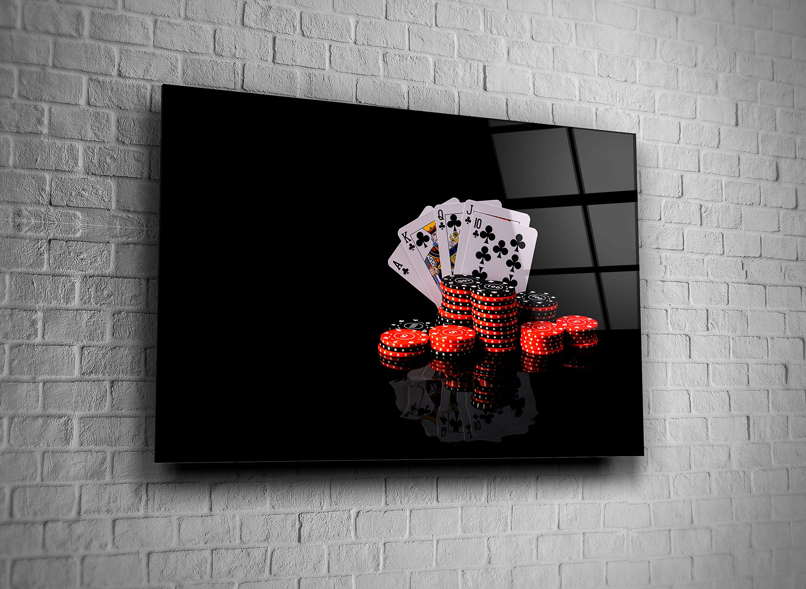 Poker Royal Flush Game Chips Print Tempered Glass Wall Art - Luxury Home Decor Gift for Casino Lovers, Poker Room & Game Night Decor