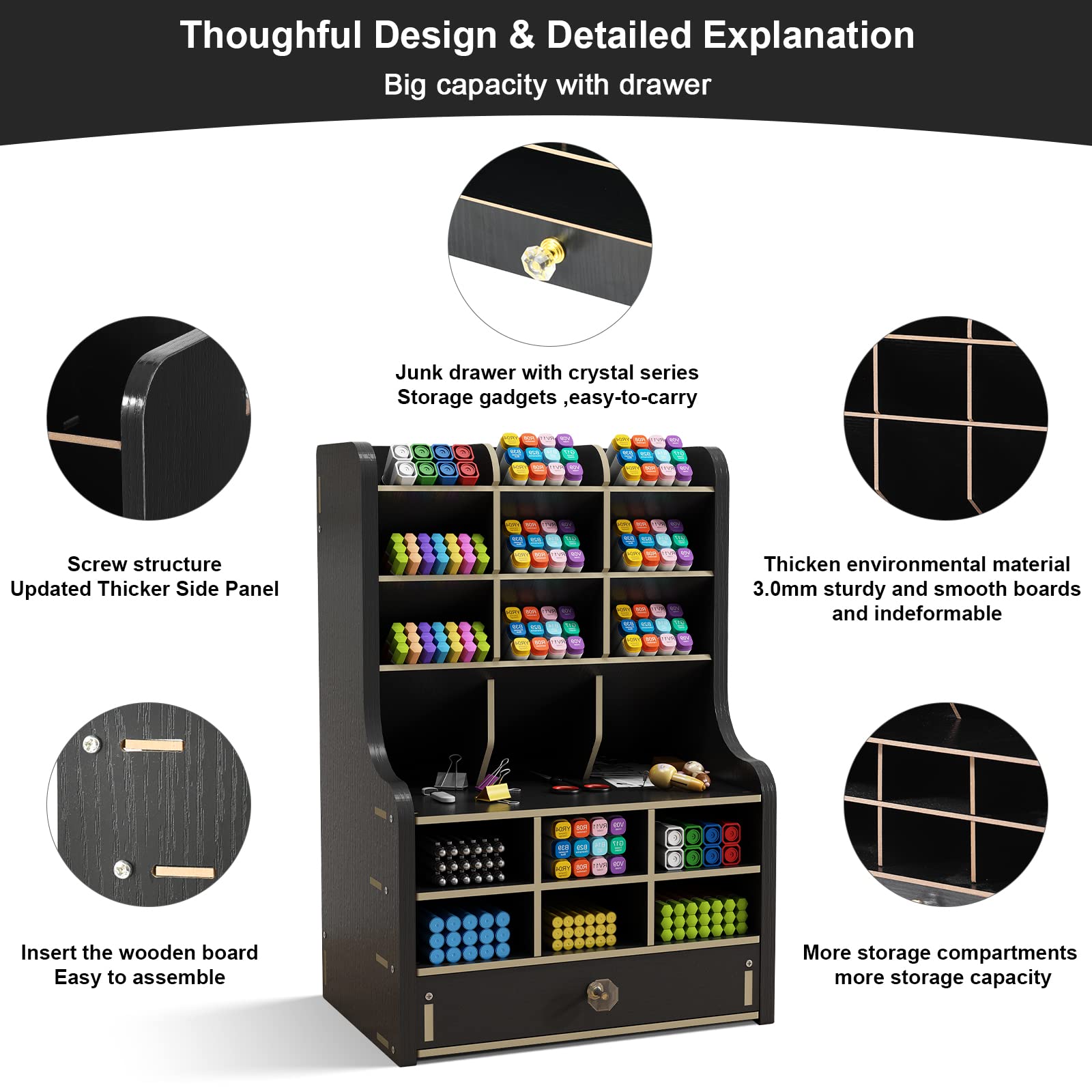 Upgraded Wooden Pencil Holder & Pen Organizer for Desk - Easy Assembly Art Supply Storage, Desktop Stationery Caddy (JB-B16-Black) - Perfect for Office, School & Craft Room Organization