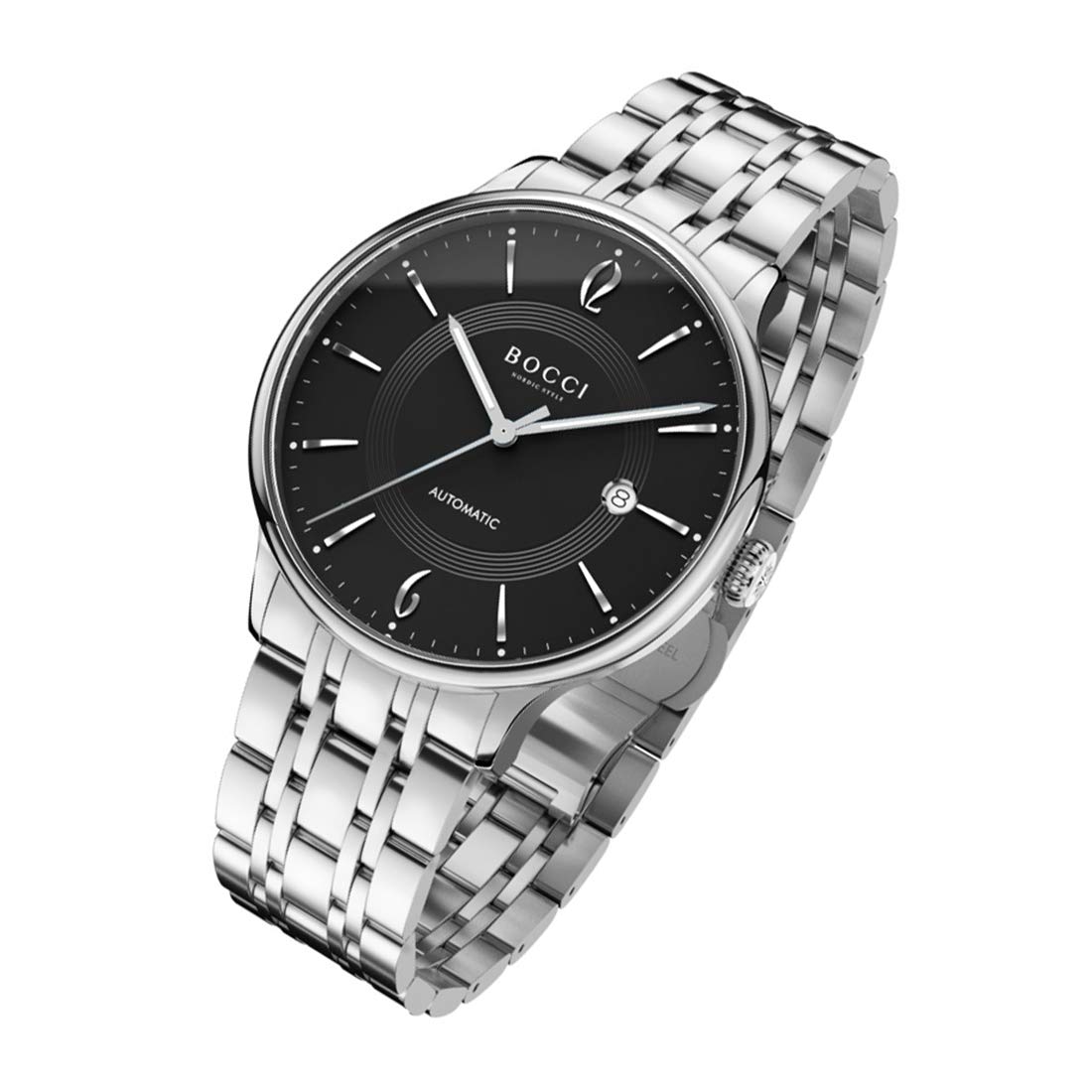 Bocci Men's Automatic Watch - Stainless Steel Band, Japanese Movement, Waterproof, Luminous Hands, Sapphire Crystal with Date Calendar - Perfect for Business, Casual & Outdoor Activities