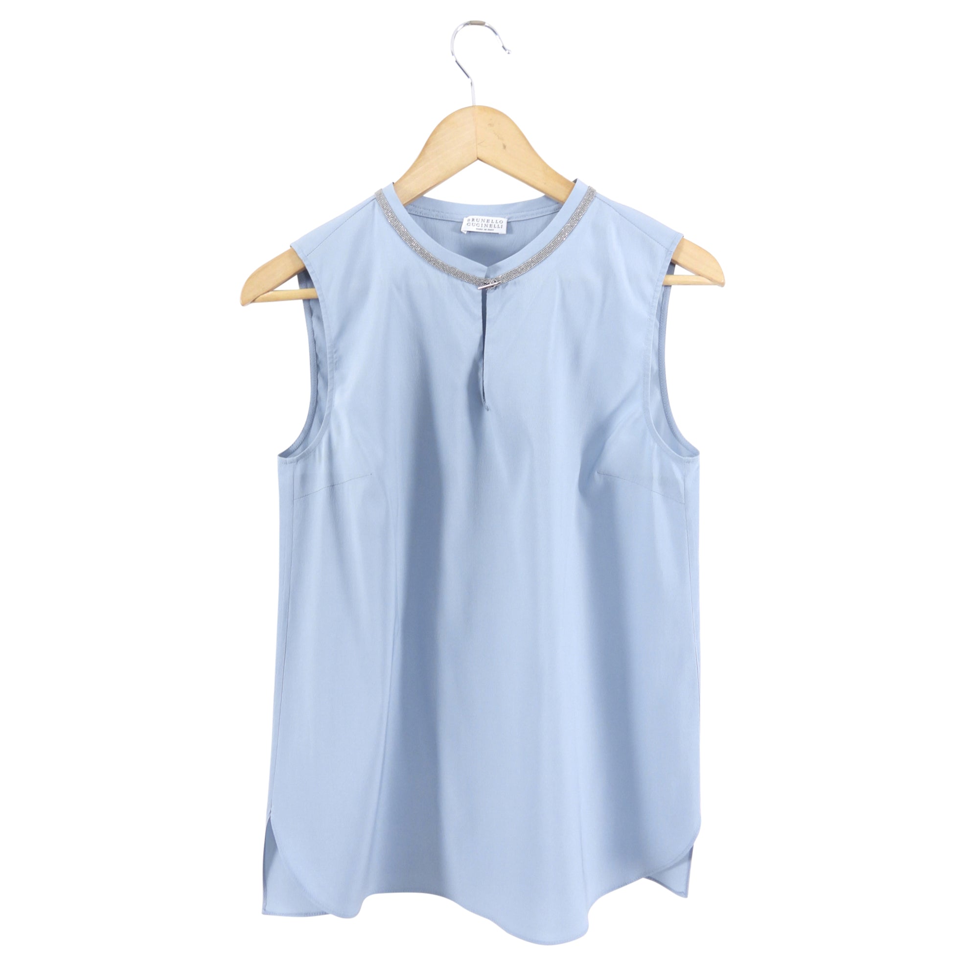 Brunello Cucinelli Steel Blue Silk Tank Top with Monili Trim - Women's Size S (4/6) - Elegant Summer Blouse for Casual Outings & Evening Events