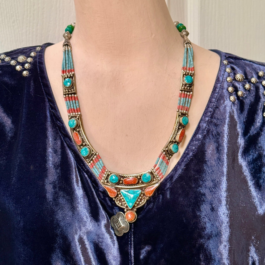 Handmade Tibetan Alpaca Silver Necklace with Turquoise & Coral Beads - Boho Chic Jewelry for Women, Perfect for Festivals, Weddings & Spiritual Ceremonies