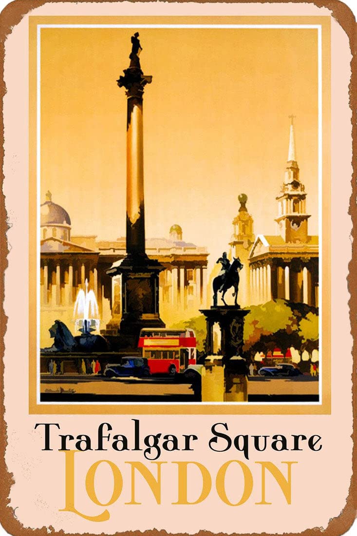 Vintage London Trafalgar Square Tin Poster - 8x12 Inch Retro Metal Wall Art for Home & Pub Decor