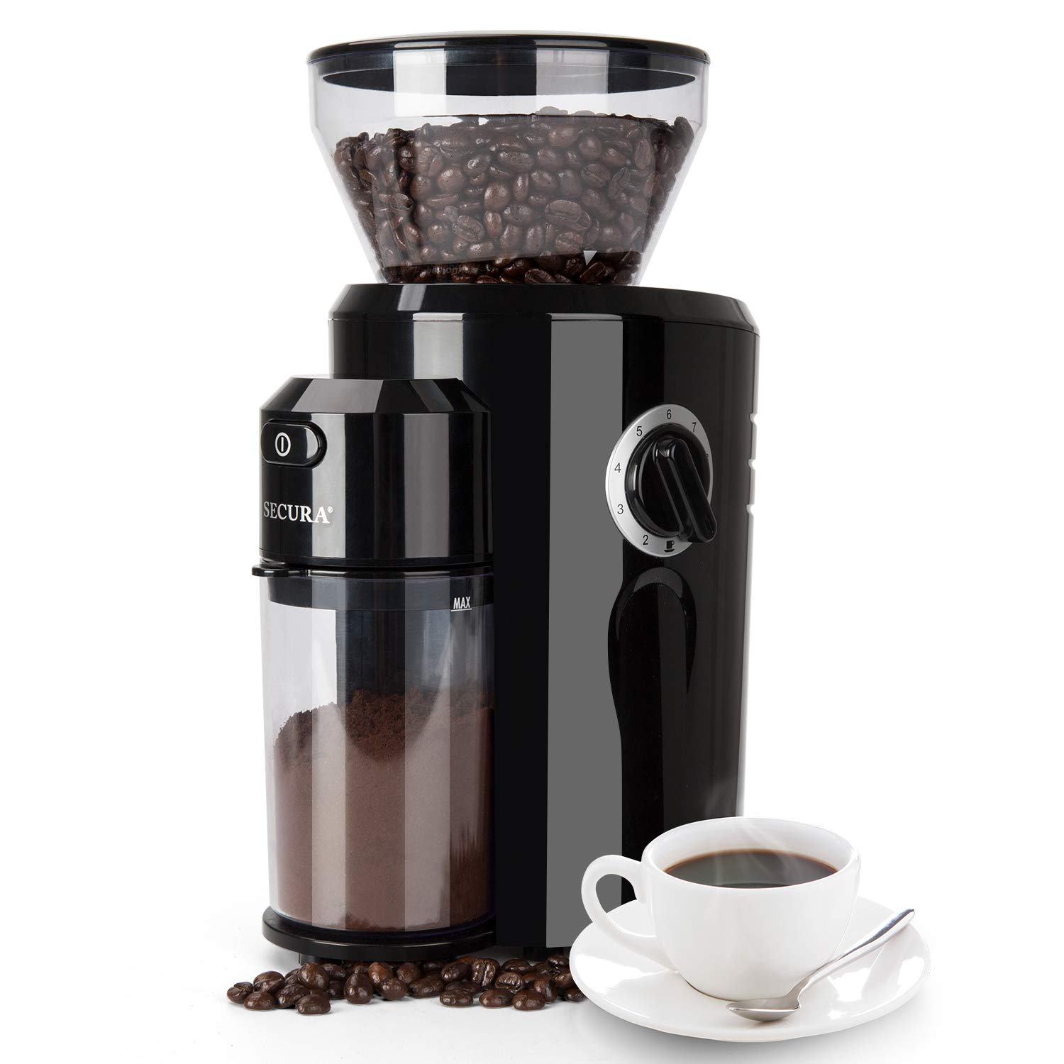 Secura Electric Coffee Grinder with Conical Burr - 18 Adjustable Grind Settings for French Press, Drip, Espresso & Turkish Coffee - 8 oz Black (CBG-018) - Perfect for Home, Office & Coffee Shops