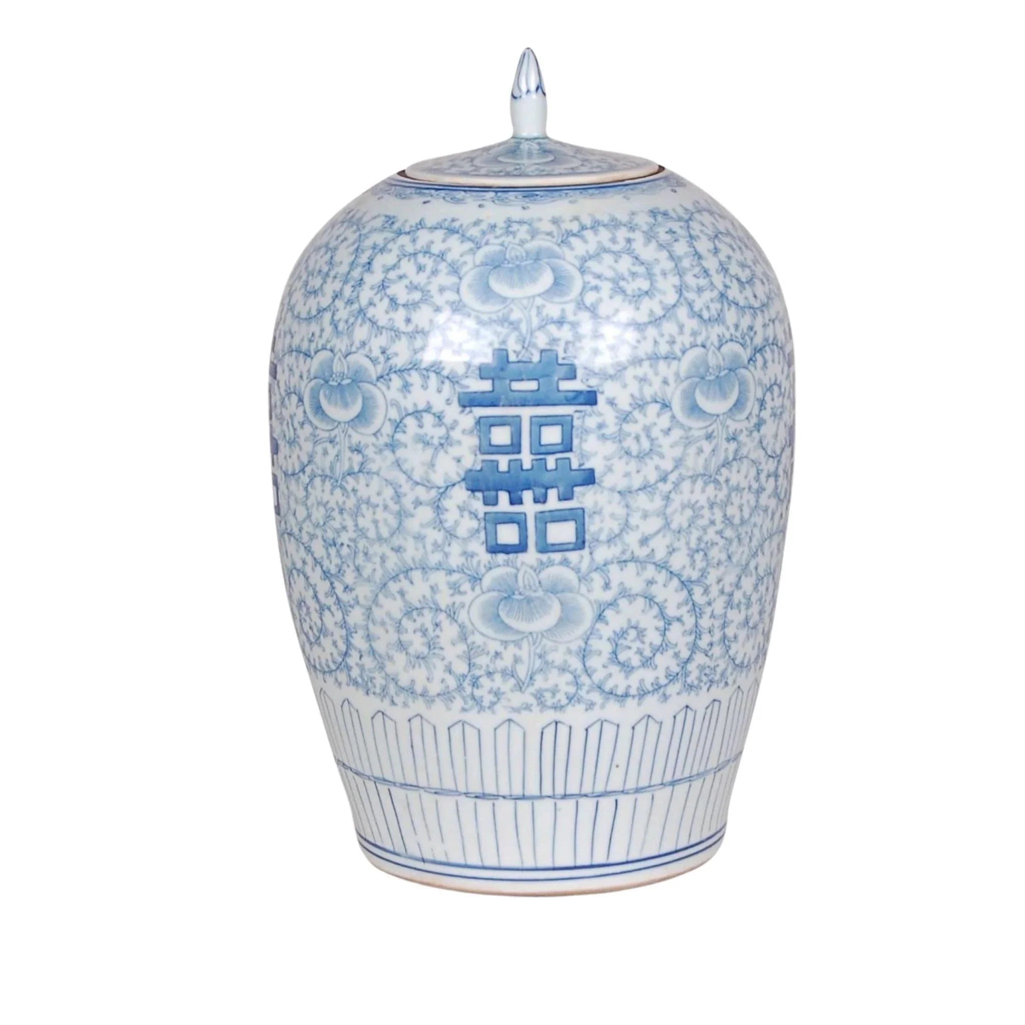 Blue and White Porcelain Double Happiness Melon Jar With Stem - Vintage Chinese Wedding Decorative Vase for Home Décor, Wedding Centerpiece & Collectible Gift