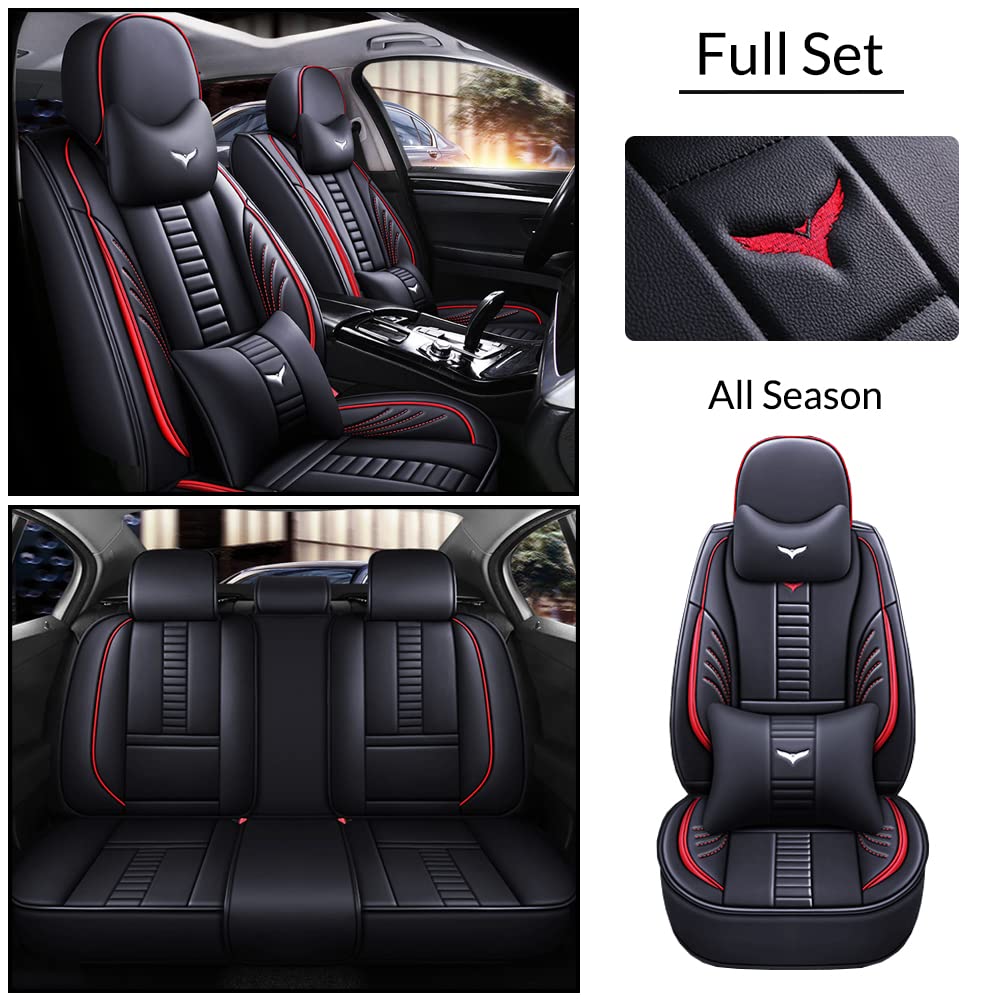 Universal Fit PU Leather Car Seat Covers Full Set for Jeep Wrangler JK 2018 - Black & Red Stitching with Headrest & Lumbar Support - Perfect for Off-Roading, Daily Commuting & Interior Protection