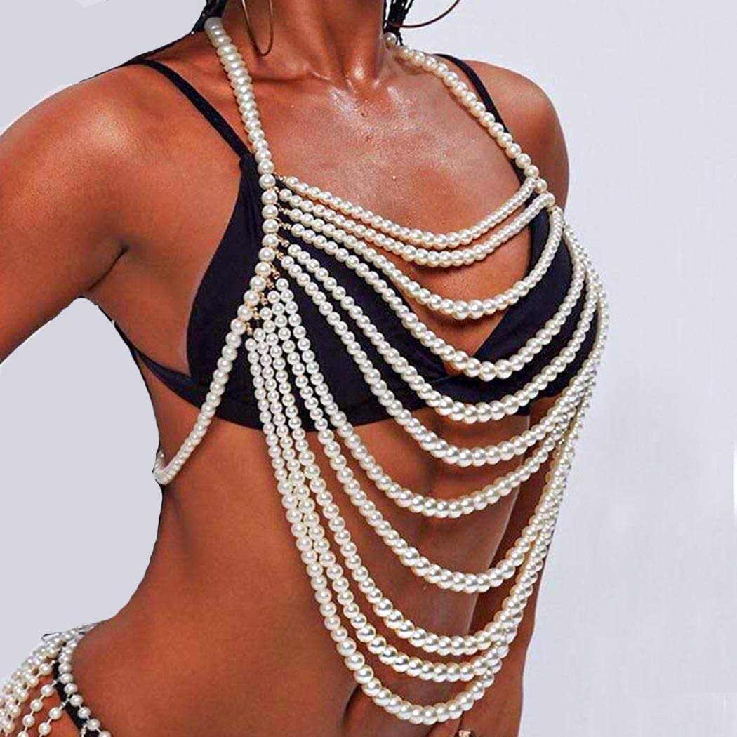 Sethain Pearl Crop Top - Sexy Pearls Chest Chain Bra in White | Women's Beach Body Jewelry Accessories for Bikini, Pool Party & Summer Fashion