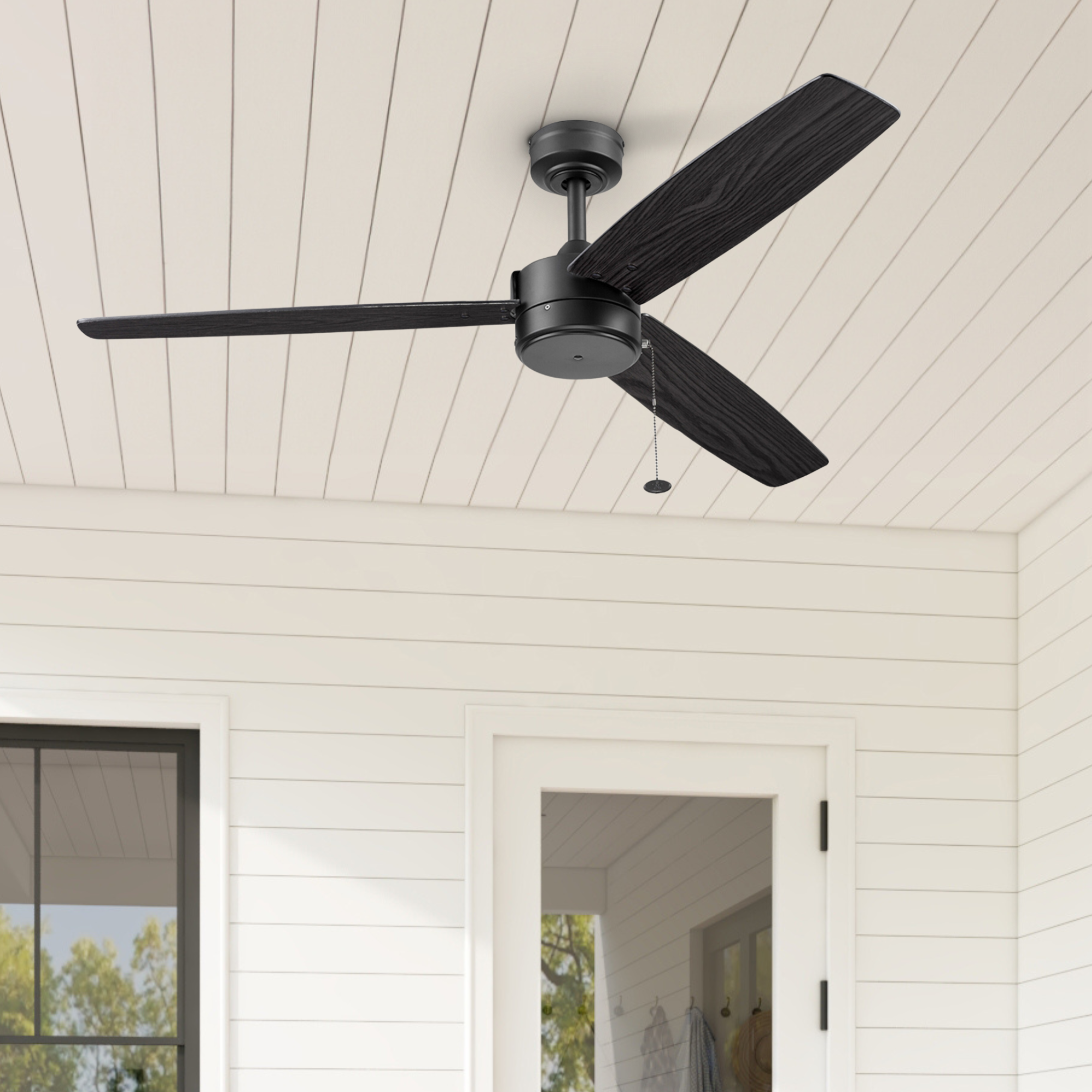52 Inch Matte Black Ceiling Fan with Pull Chain - Indoor/Outdoor Use for Living Room, Bedroom, Patio & Covered Porch