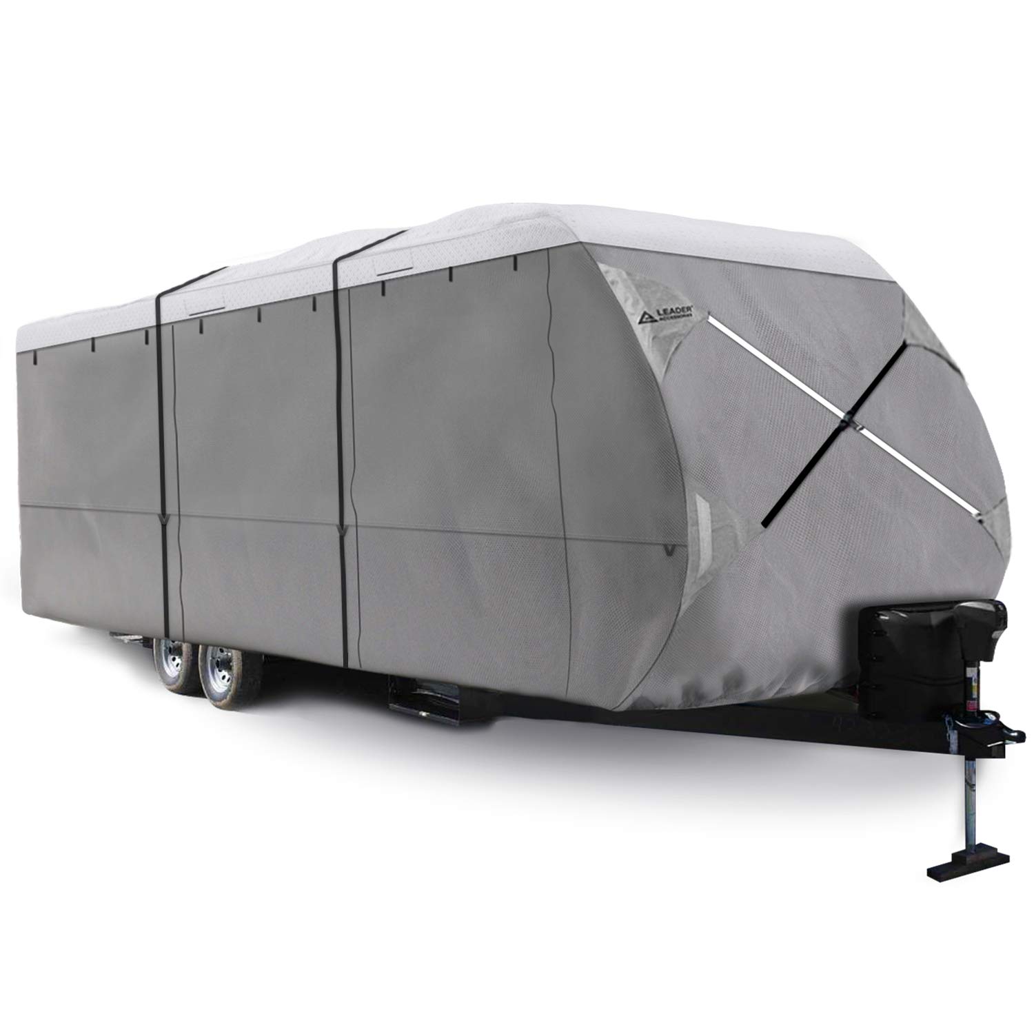 Windproof RV Cover for Travel Trailers 24'-27' - Heavy Duty Waterproof Camper Cover with UV Protection (White/Grey) - Perfect for Outdoor Storage & Winter Protection