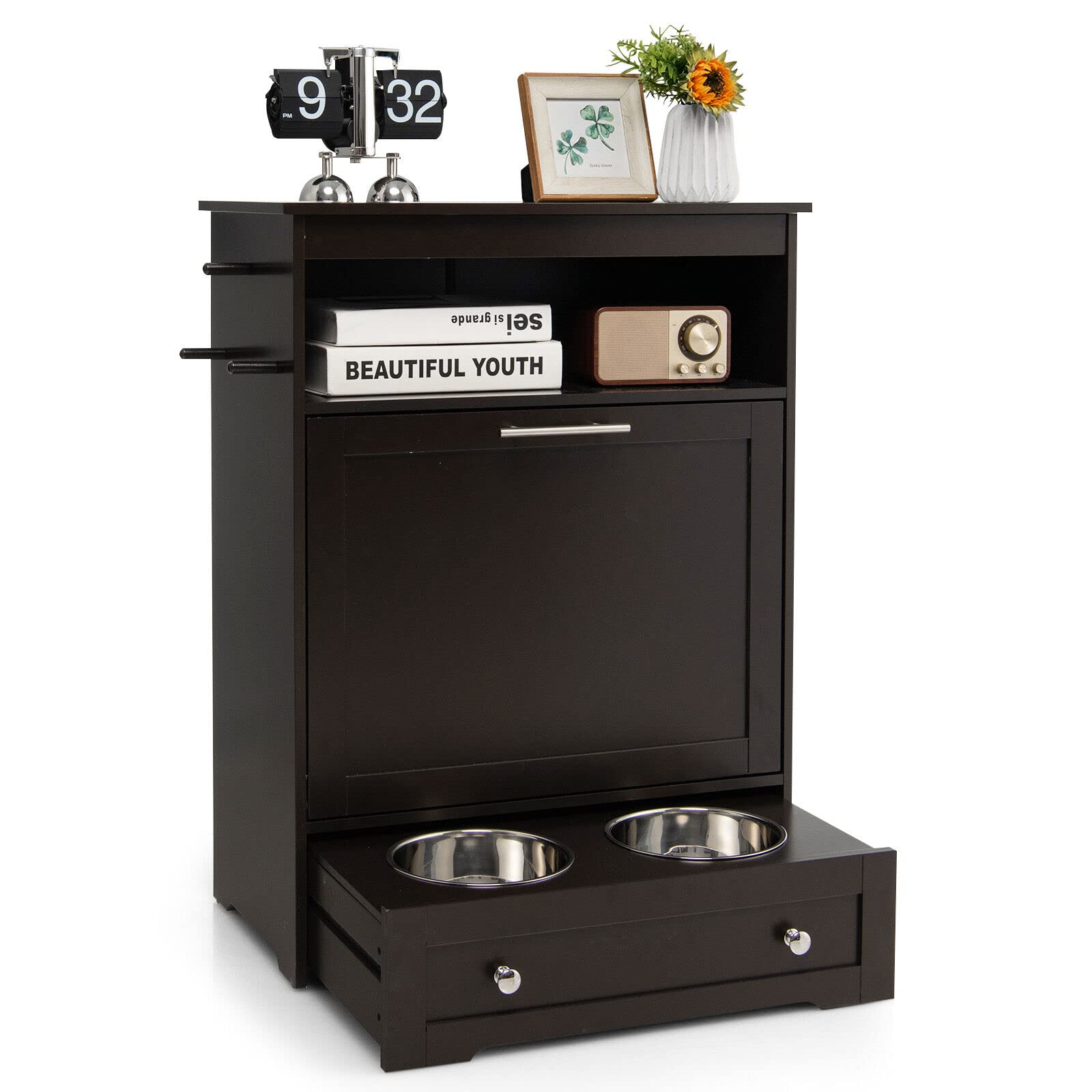 PETSITE Large Pet Feeder Station - Dog Food Storage Cabinet with Stainless Steel Double Pull-Out Raised Bowls for Feeding & Watering Supplies, Pet Toy Organizer (Brown) - Perfect for Kitchen, Laundry Room or Garage Pet Feeding Station