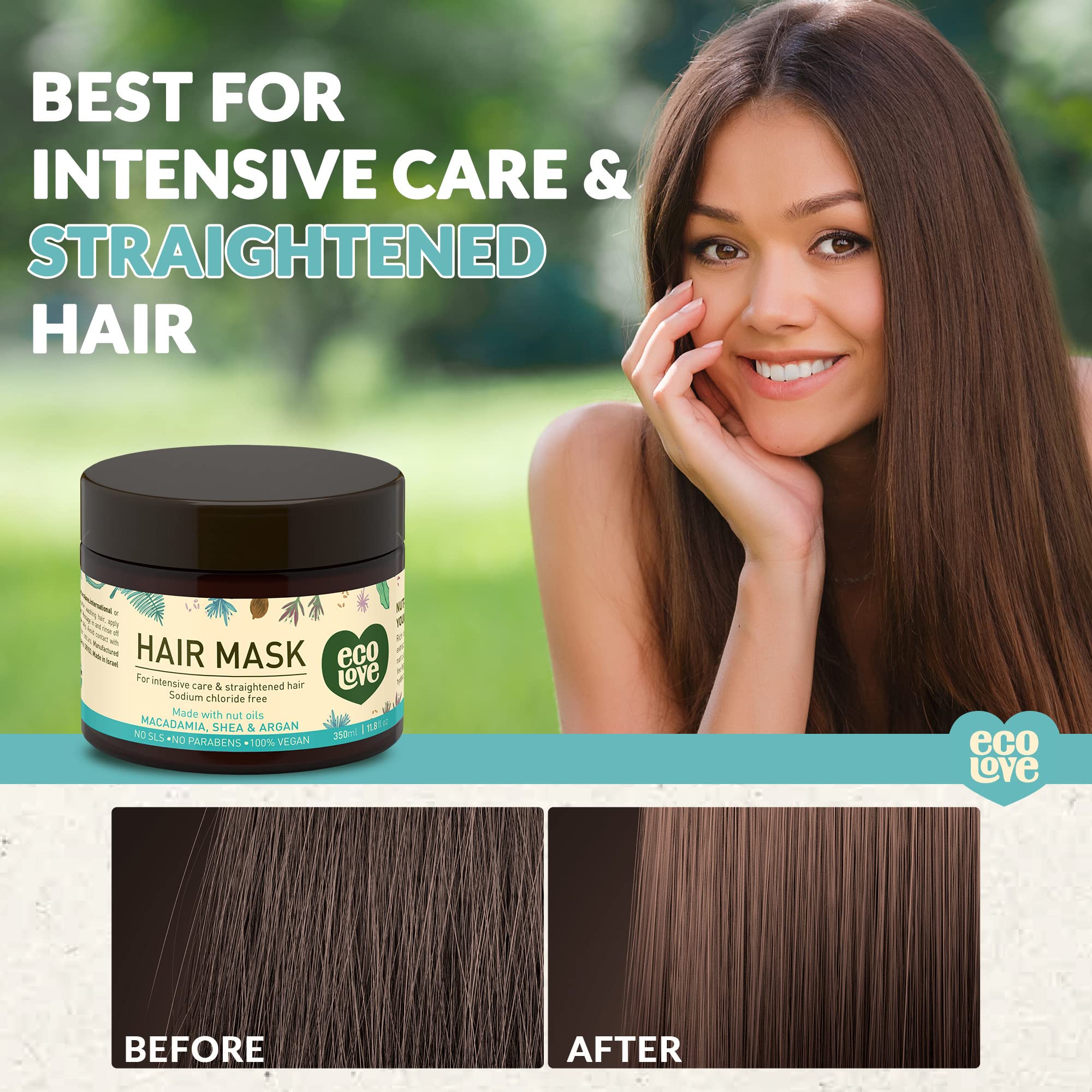 EcoLove Hair Mask - Natural Deep Conditioning Treatment with Macadamia, Shea Butter & Argan Oil - 11.8 oz - SLS Free, Paraben Free, Vegan & Cruelty-Free - For Dry, Damaged Hair Repair & Hydration - Perfect for Home Hair Care & Salon Quality Results