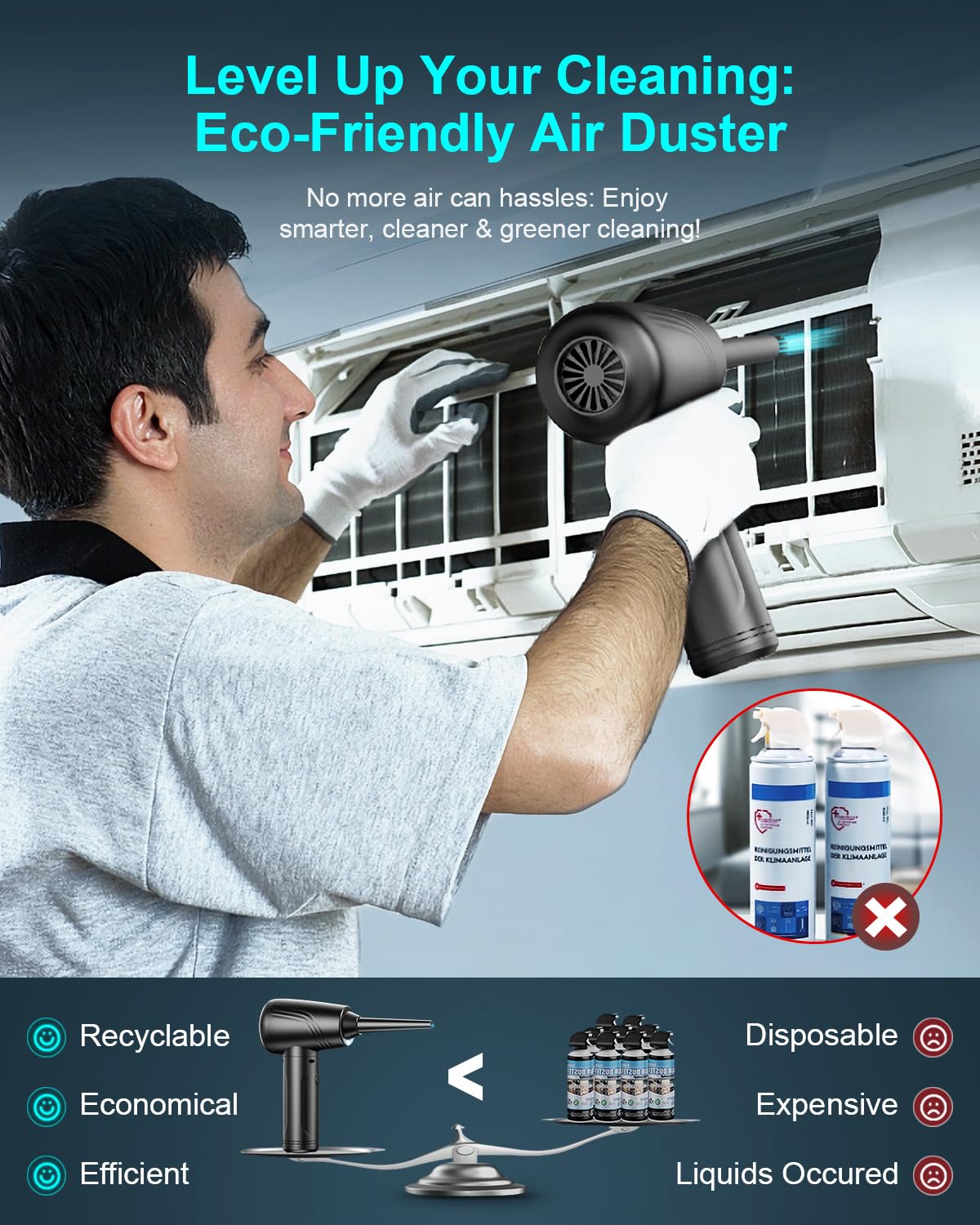 11-in-1 Electric Air Duster - 120000 RPM Cordless Keyboard Cleaner with 3-Speed Adjustable & LED Light, 9000mAh Reusable Compressed Air for Computer, Car, Office - Perfect for Cleaning Electronics, Keyboards, Car Interiors, and Home Appliances