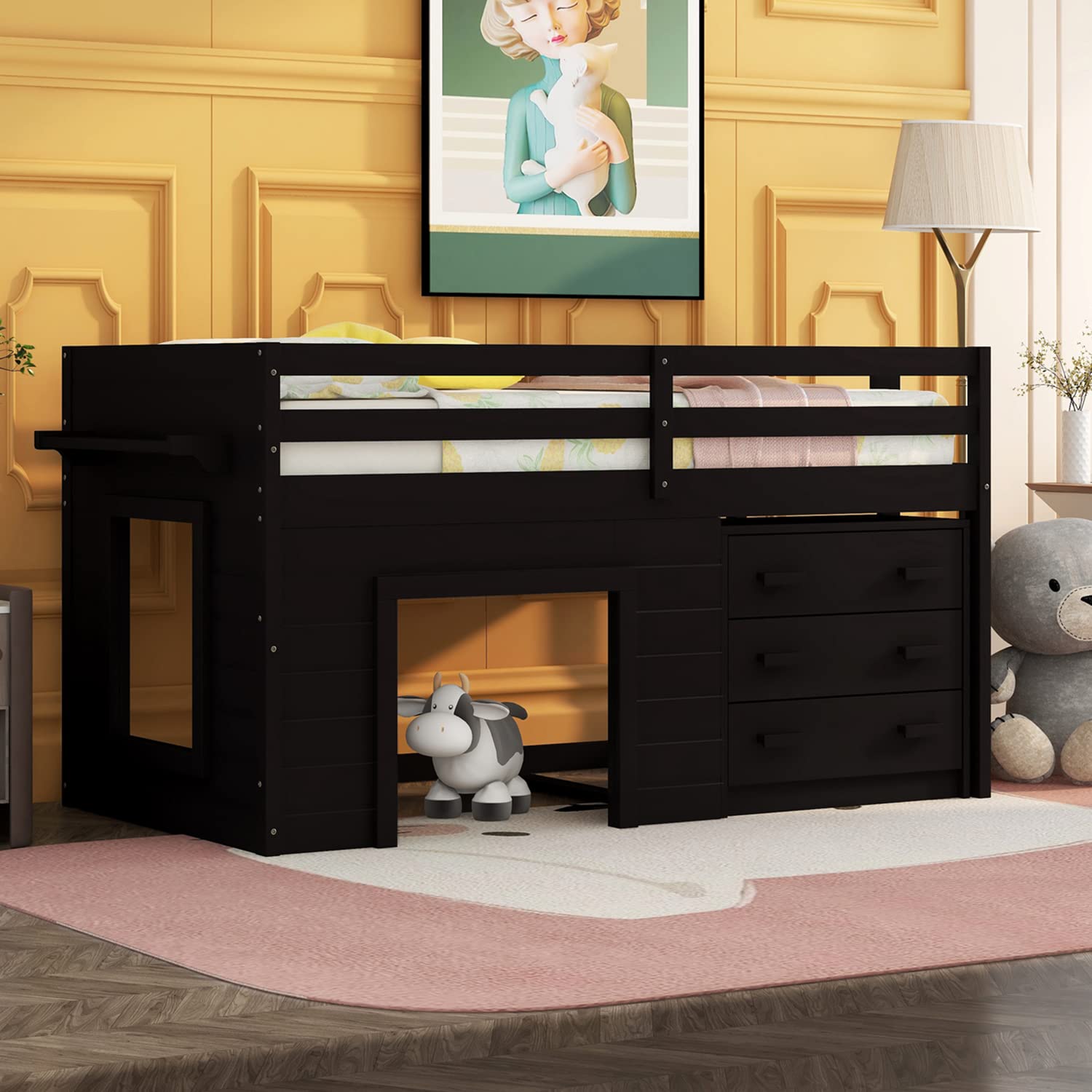 Twin Loft Bed with Storage Drawers & Cabinet - Low Loft Bed Frame with Bedside Tray - Wooden Farmhouse Style Loft Bed for Kids, Teens, Boys & Girls - Espresso Finish - Perfect for Small Bedrooms, Dorm Rooms & Space-Saving Kids' Rooms