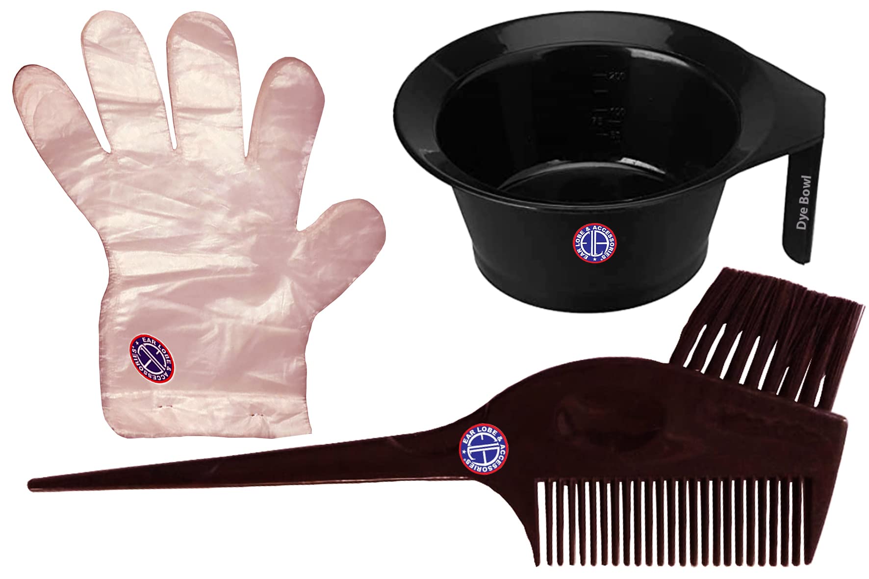 Ear Lobe & Hair Dye Accessories Combo Pack - Includes Dye Bowl, Comb Brush & 50pcs Disposable Gloves | Perfect for Salon Professionals & At-Home Hair Coloring
