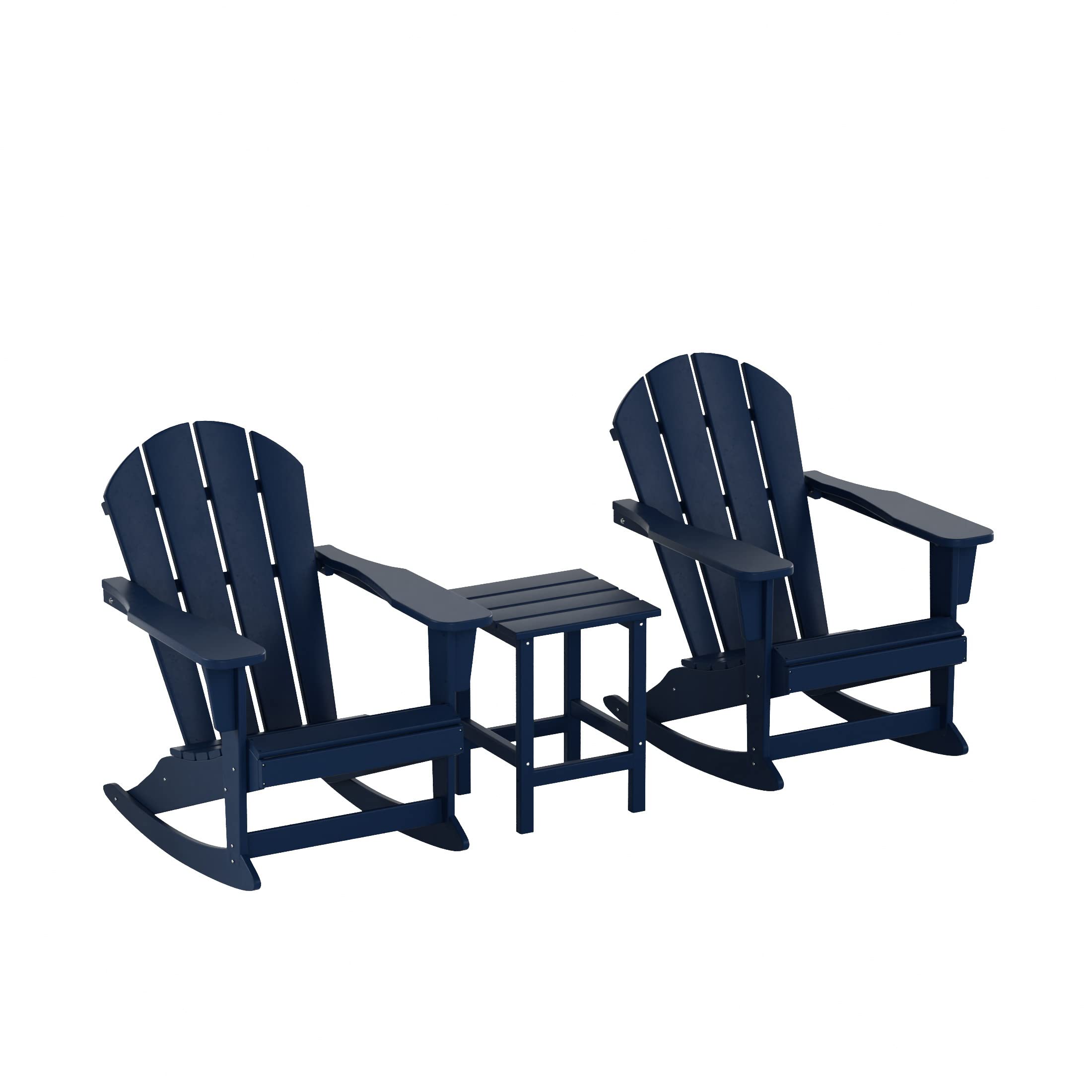 WestinTrends Malibu 3-Piece Outdoor Rocking Chair Set - All-Weather Poly Lumber Patio Furniture, Navy Blue Adirondack Rocking Chairs (Set of 2) with Side Table - Perfect for Porch, Garden, Backyard & Poolside Relaxation