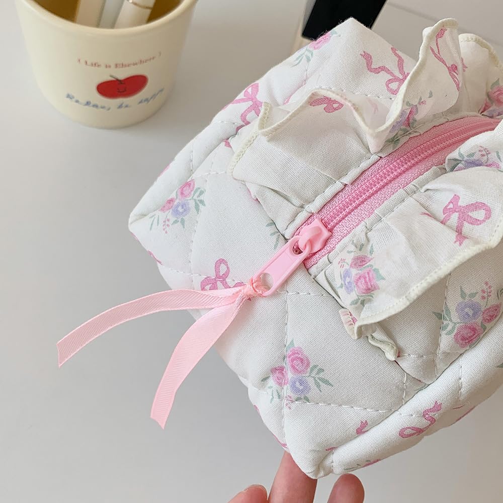 Quilted Makeup Bag for Women & Girls - Cute Pink Bow Tie Toiletry Organizer Pouch, Travel Cosmetic Case, Period Essentials Bag | Perfect for Travel, Gym, Daily Use & Gift Giving