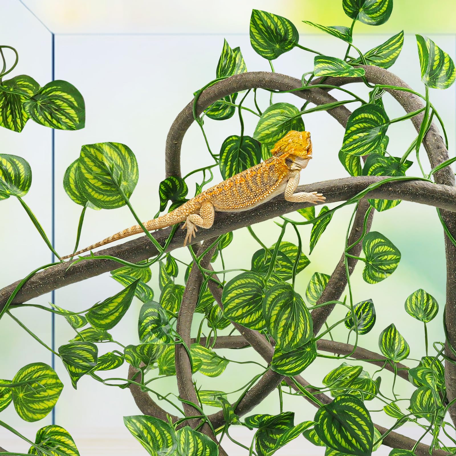 Premium Reptile Tank Accessories Set - Artificial Plants, Flexible Vines with Suction Cups & Hide Decor for Crested Geckos, Chameleons, Lizards - Natural Climbing Habitat for Terrariums & Vivariums