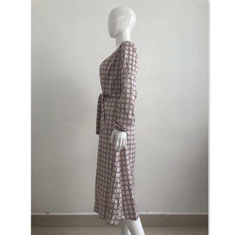 Elegant Women's V-Neck Wrap Long Dress with Geometry Polkadot Print - Plunge Party Maxi Dress for Evening Events, Weddings & Special Occasions | Vestidos