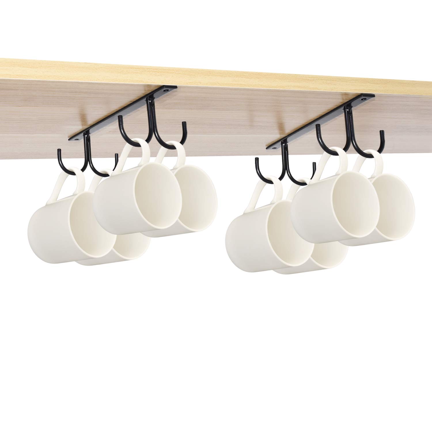 Rustic Under Cabinet Mug Rack - 2 Pack Black Cup Holder with 8 Hooks for Mugs, Coffee Cups & Kitchen Utensils - Space Saving Shelf Organizer for Kitchen, Office or Coffee Shop Display