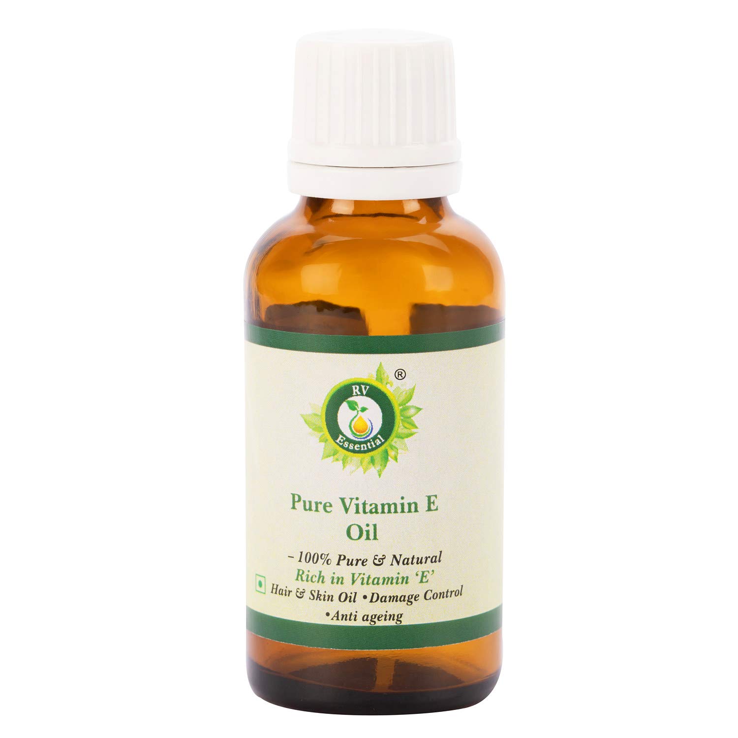 Pure Vitamin E Oil for Skin, Face, Hair & Nails - 100% Natural Unrefined Treatment for Scars, Body Care & Massage | 10ml (0.338oz) by R V Essential | Hydrating Moisturizer for Dry Skin & Hair Growth