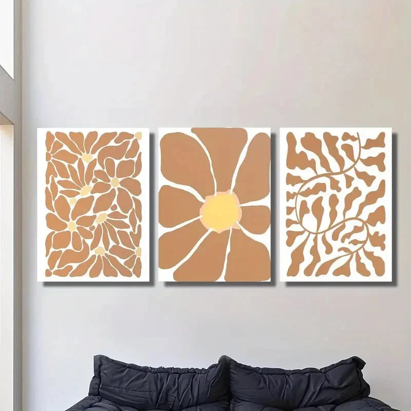 3Pcs Abstract Bohemian Metal Wall Art Prints - Brown Floral Minimalist Decor for Living Room, Bedroom & Office - Ready to Hang Framed Canvas Paintings for Home & Office Decor