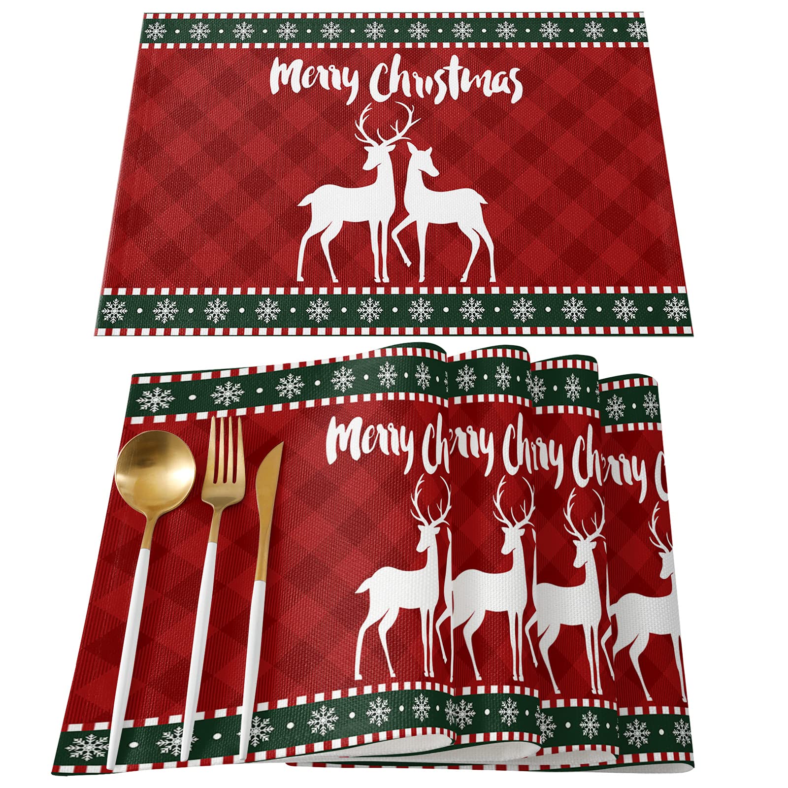 4-Pack Merry Christmas Reindeer Snowflake Buffalo Plaid Placemats - 13x19 Inch Cotton Linen Washable Table Mats for Dining Table & Kitchen Decor | Holiday Dinner Party & Home Decoration