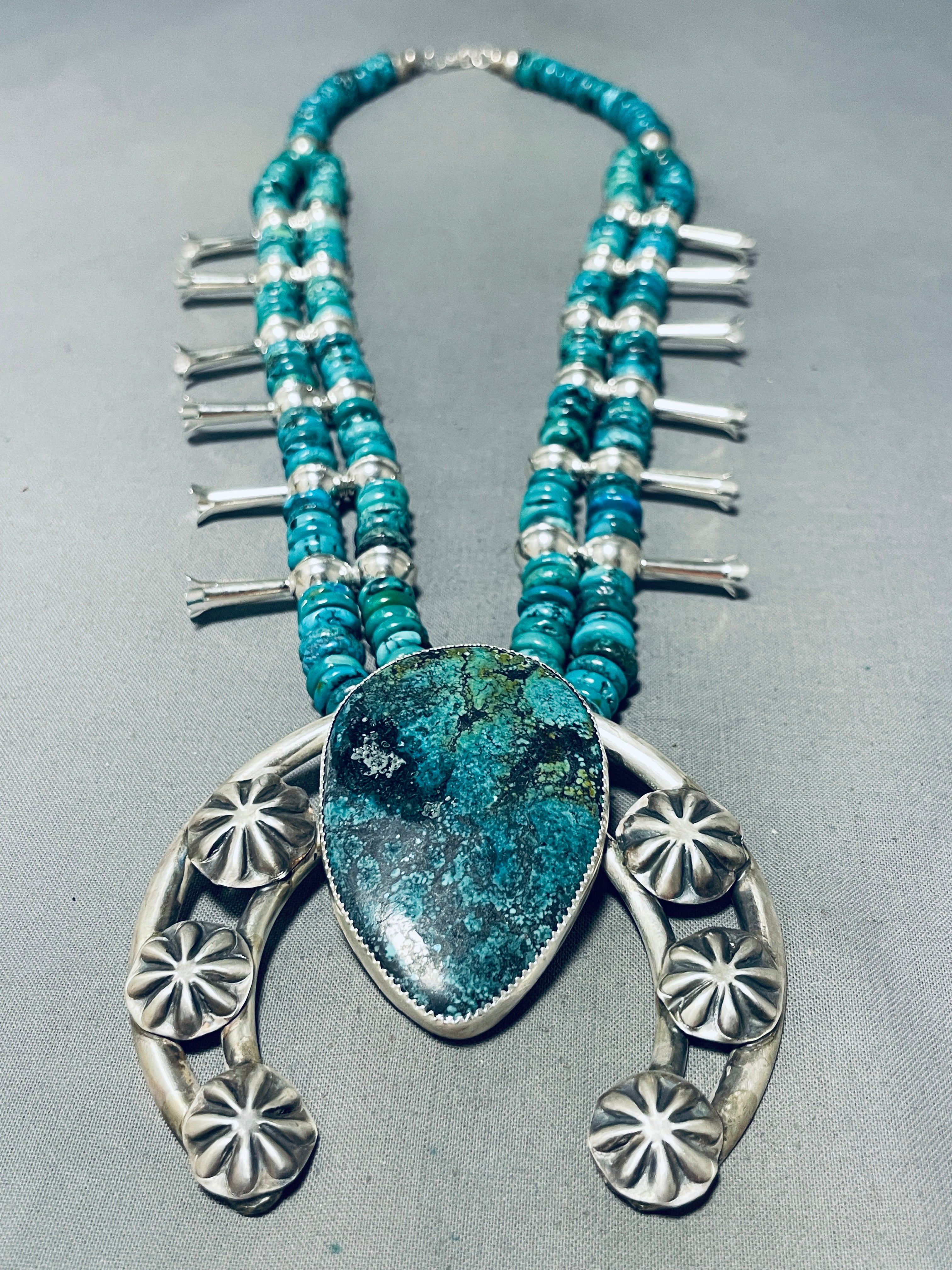 Authentic Navajo Sterling Silver Squash Blossom Necklace with Pilot Mountain Turquoise (190+ Grams) - Handcrafted Native American Jewelry for Women, Perfect for Weddings, Festivals & Special Occasions